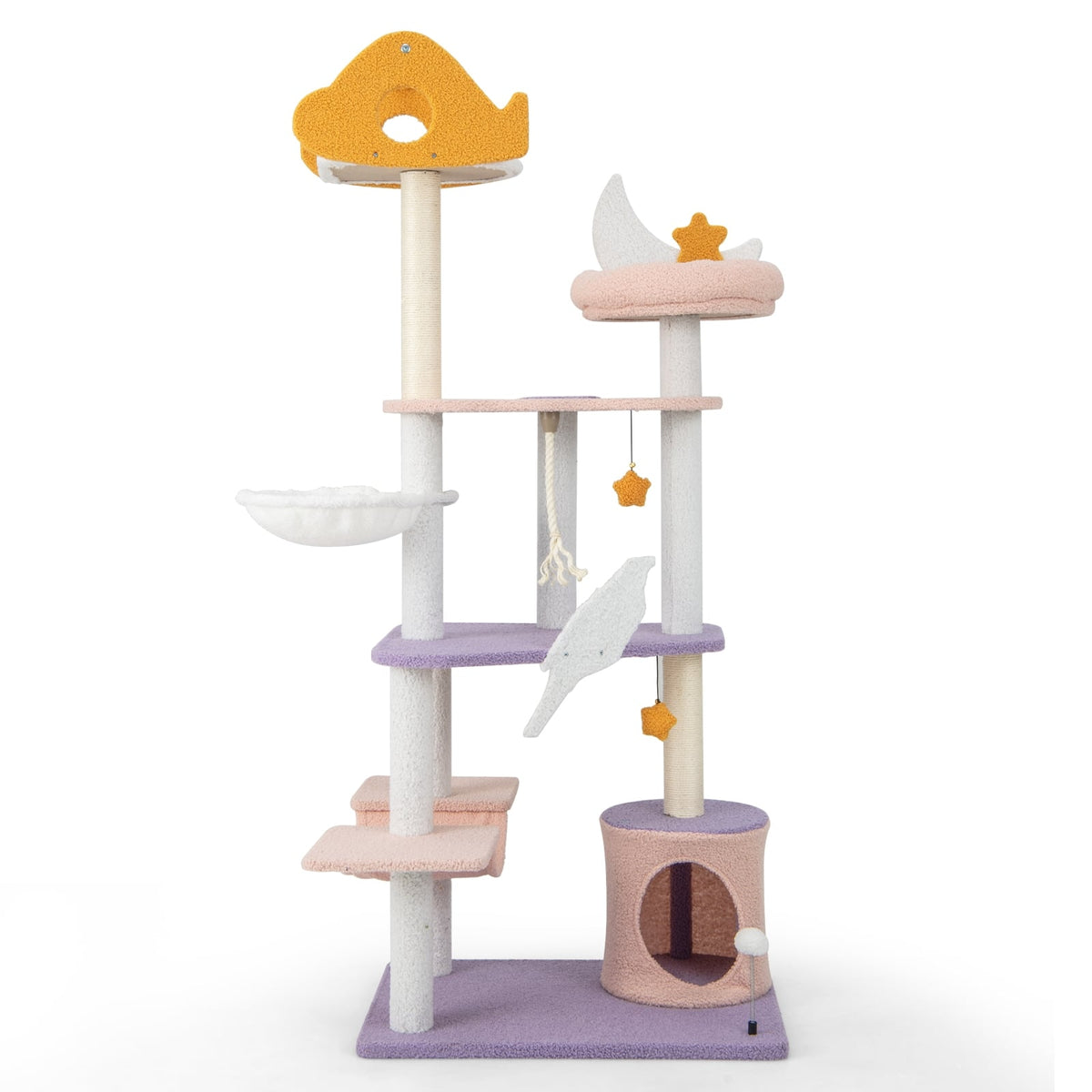 66 Inch Cute Cat Tree Cats Multi-level Tall Cat Tower with Sisal Covered Scratching Posts-Purple-Cat Trees & Scratchers-DECOROLALA