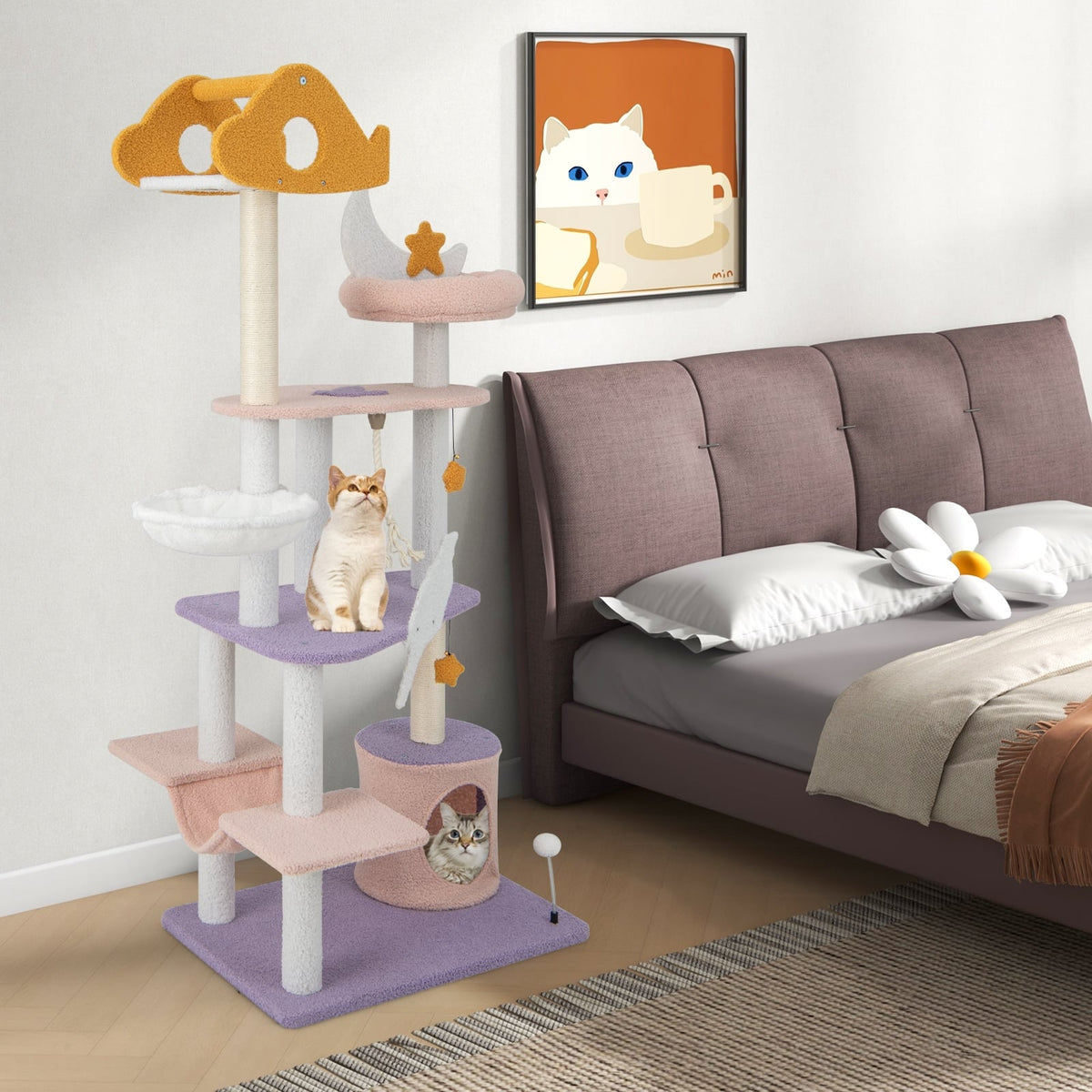 66 Inch Cute Cat Tree Cats Multi-level Tall Cat Tower with Sisal Covered Scratching Posts-Purple-Cat Trees & Scratchers-DECOROLALA