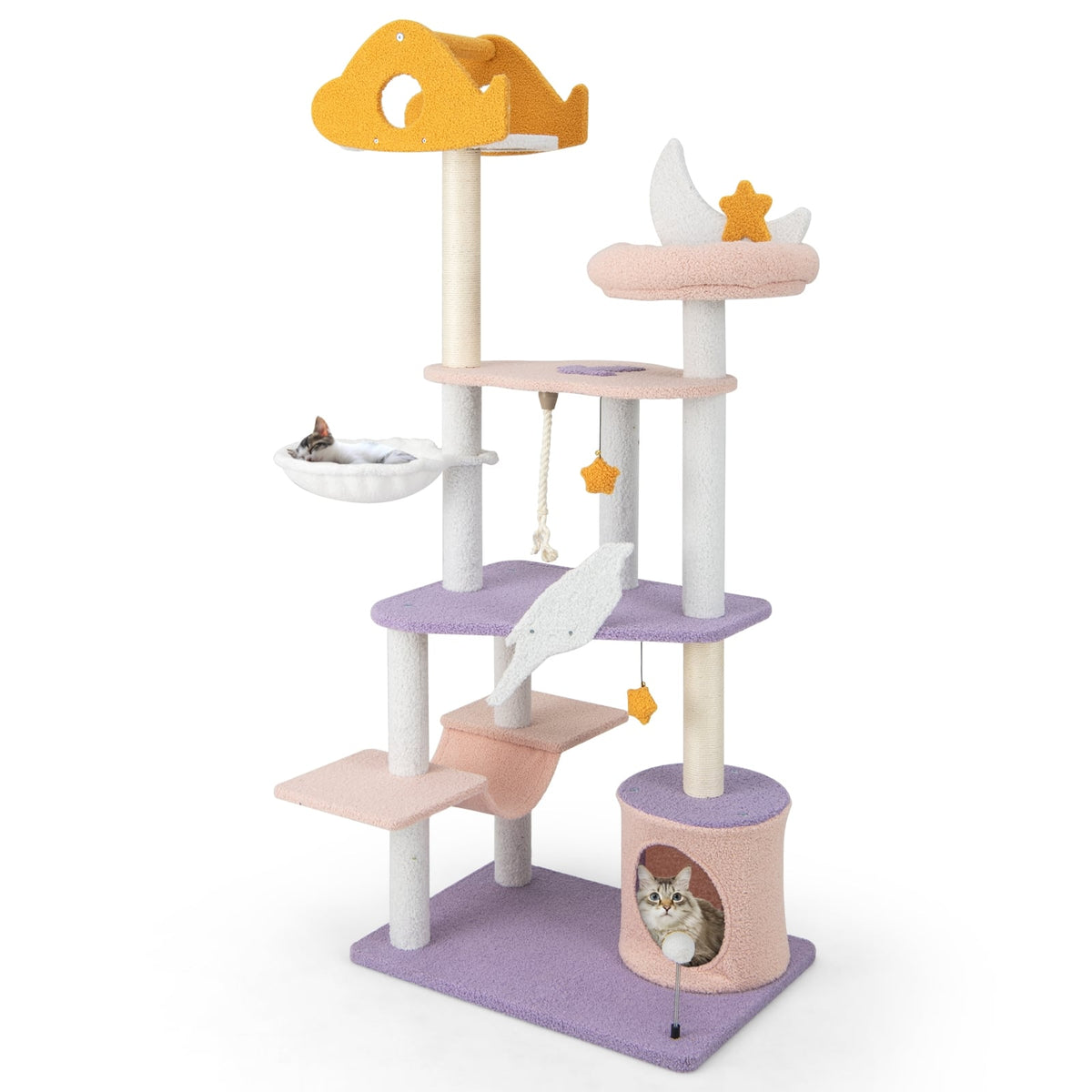 66 Inch Cute Cat Tree Cats Multi-level Tall Cat Tower with Sisal Covered Scratching Posts-Purple-Cat Trees & Scratchers-DECOROLALA