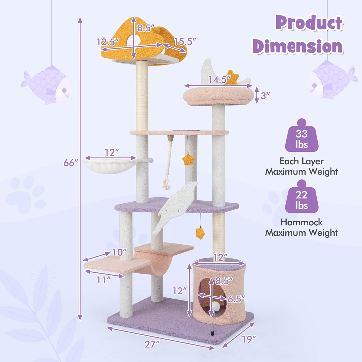 66 Inch Cute Cat Tree Cats Multi-level Tall Cat Tower with Sisal Covered Scratching Posts-Purple-Cat Trees & Scratchers-DECOROLALA