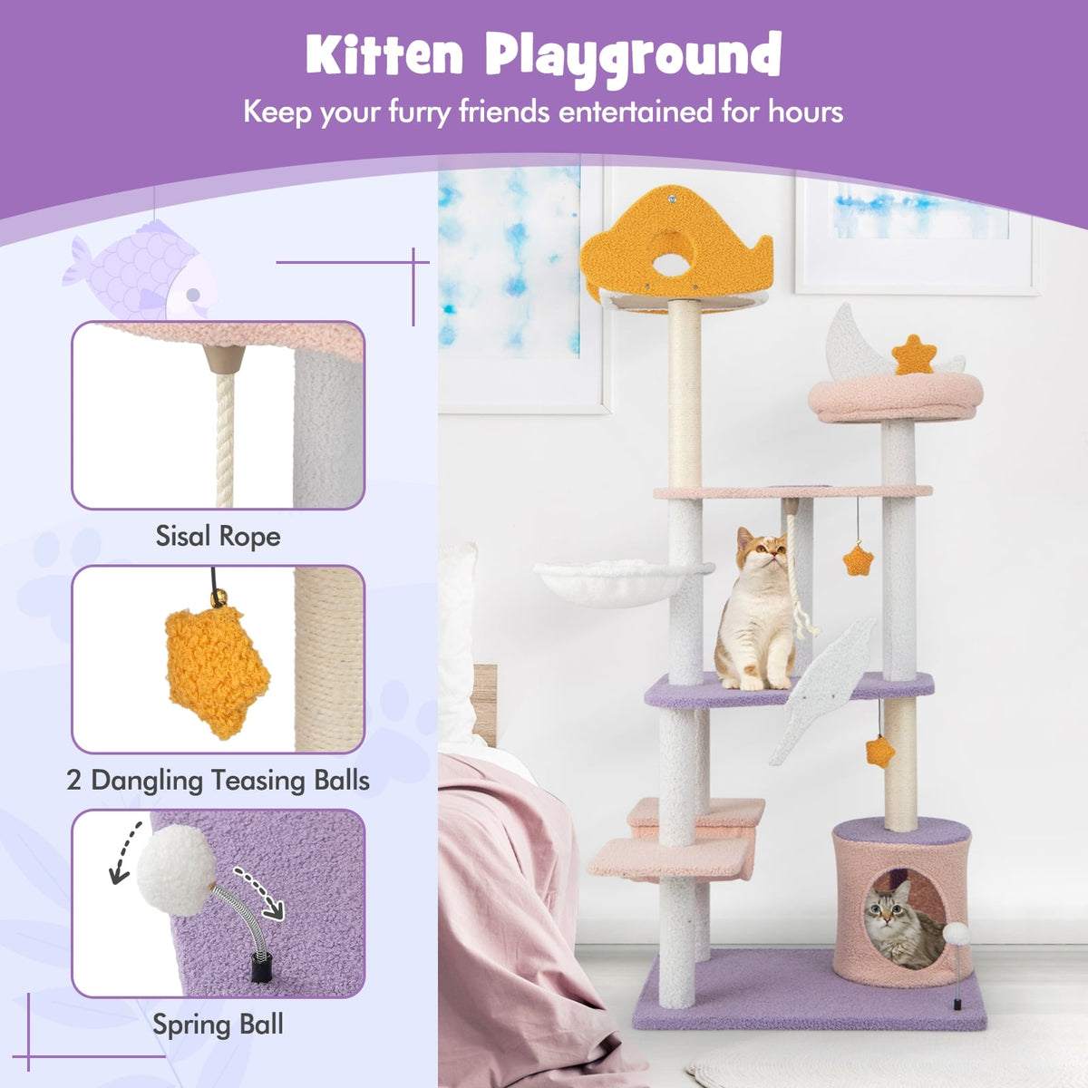 66 Inch Cute Cat Tree Cats Multi-level Tall Cat Tower with Sisal Covered Scratching Posts-Purple-Cat Trees & Scratchers-DECOROLALA