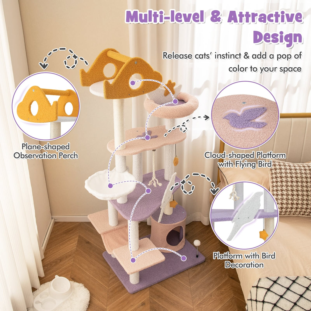 66 Inch Cute Cat Tree Cats Multi-level Tall Cat Tower with Sisal Covered Scratching Posts-Purple-Cat Trees & Scratchers-DECOROLALA