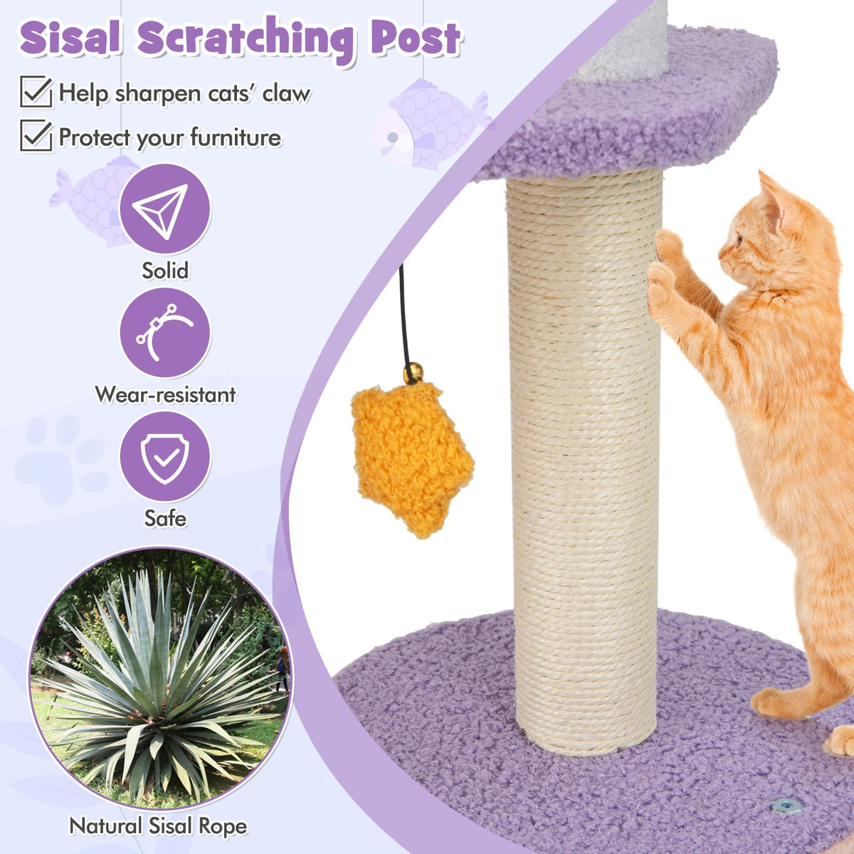 66 Inch Cute Cat Tree Cats Multi-level Tall Cat Tower with Sisal Covered Scratching Posts-Purple-Cat Trees & Scratchers-DECOROLALA
