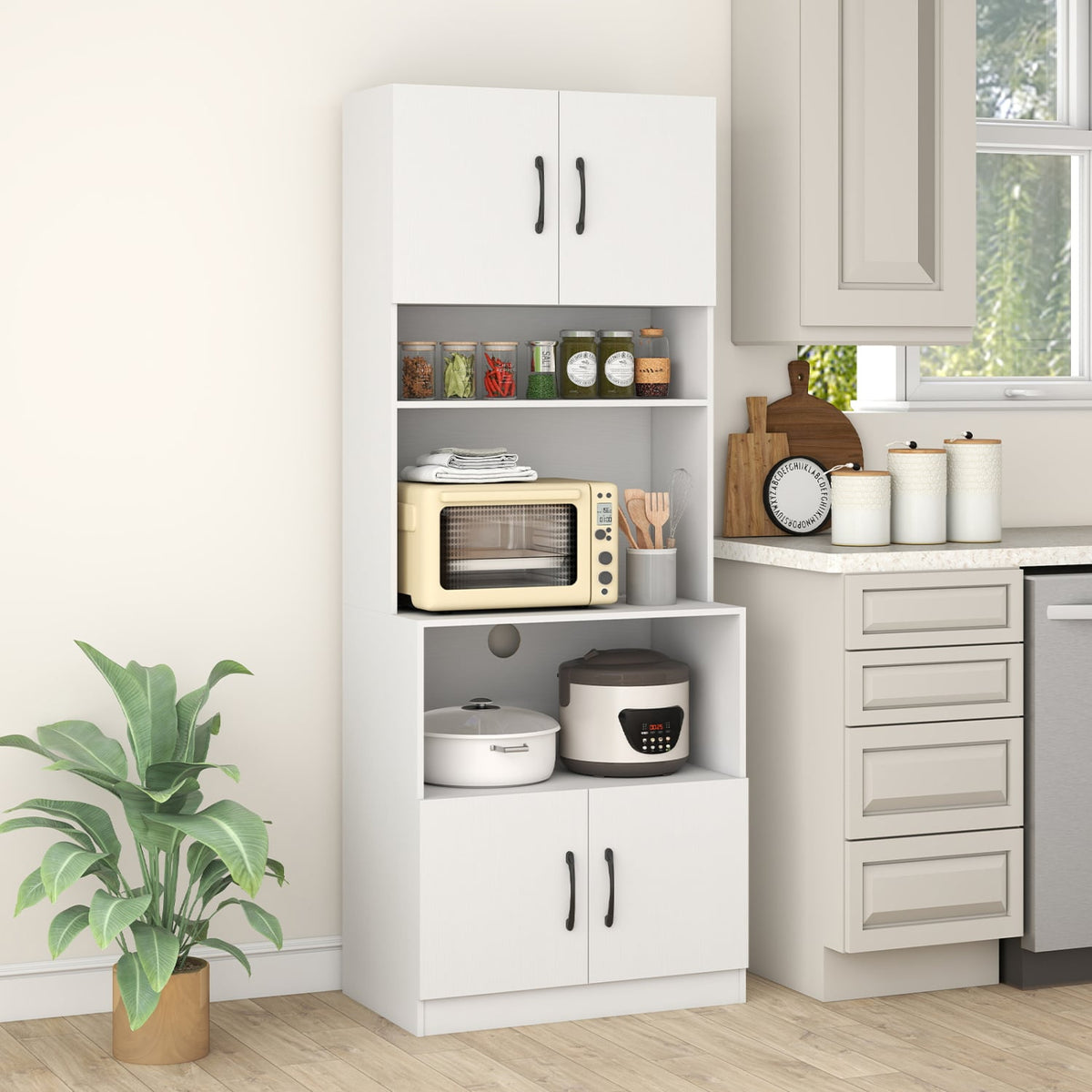 66 Inch Kitchen Pantry Cabinet with Charging Station and Adjustable Shelves for Dining Room-White-Sideboards & Buffets-DECOROLALA