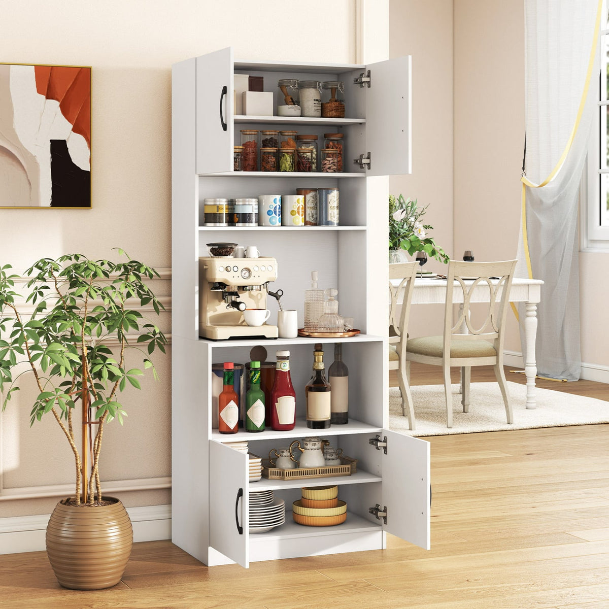 66 Inch Kitchen Pantry Cabinet with Charging Station and Adjustable Shelves for Dining Room-White-Sideboards & Buffets-DECOROLALA