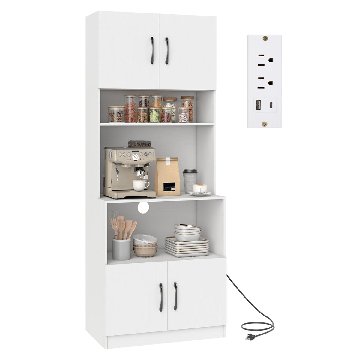 66 Inch Kitchen Pantry Cabinet with Charging Station and Adjustable Shelves for Dining Room-White-Sideboards & Buffets-DECOROLALA