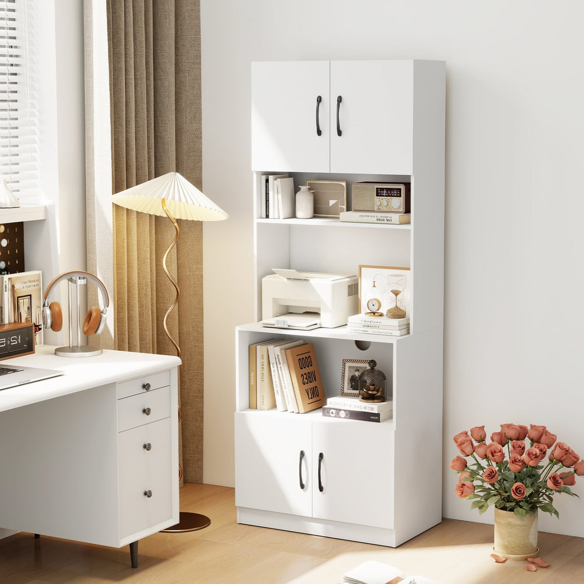 66 Inch Kitchen Pantry Cabinet with Charging Station and Adjustable Shelves for Dining Room-White-Sideboards & Buffets-DECOROLALA
