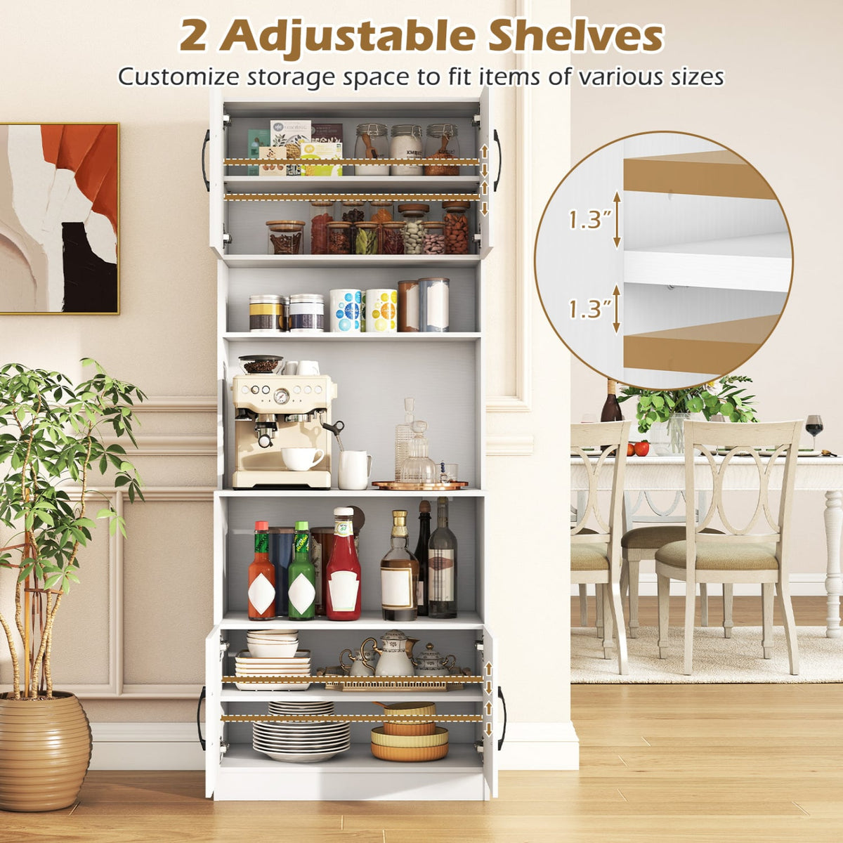 66 Inch Kitchen Pantry Cabinet with Charging Station and Adjustable Shelves for Dining Room-White-Sideboards & Buffets-DECOROLALA