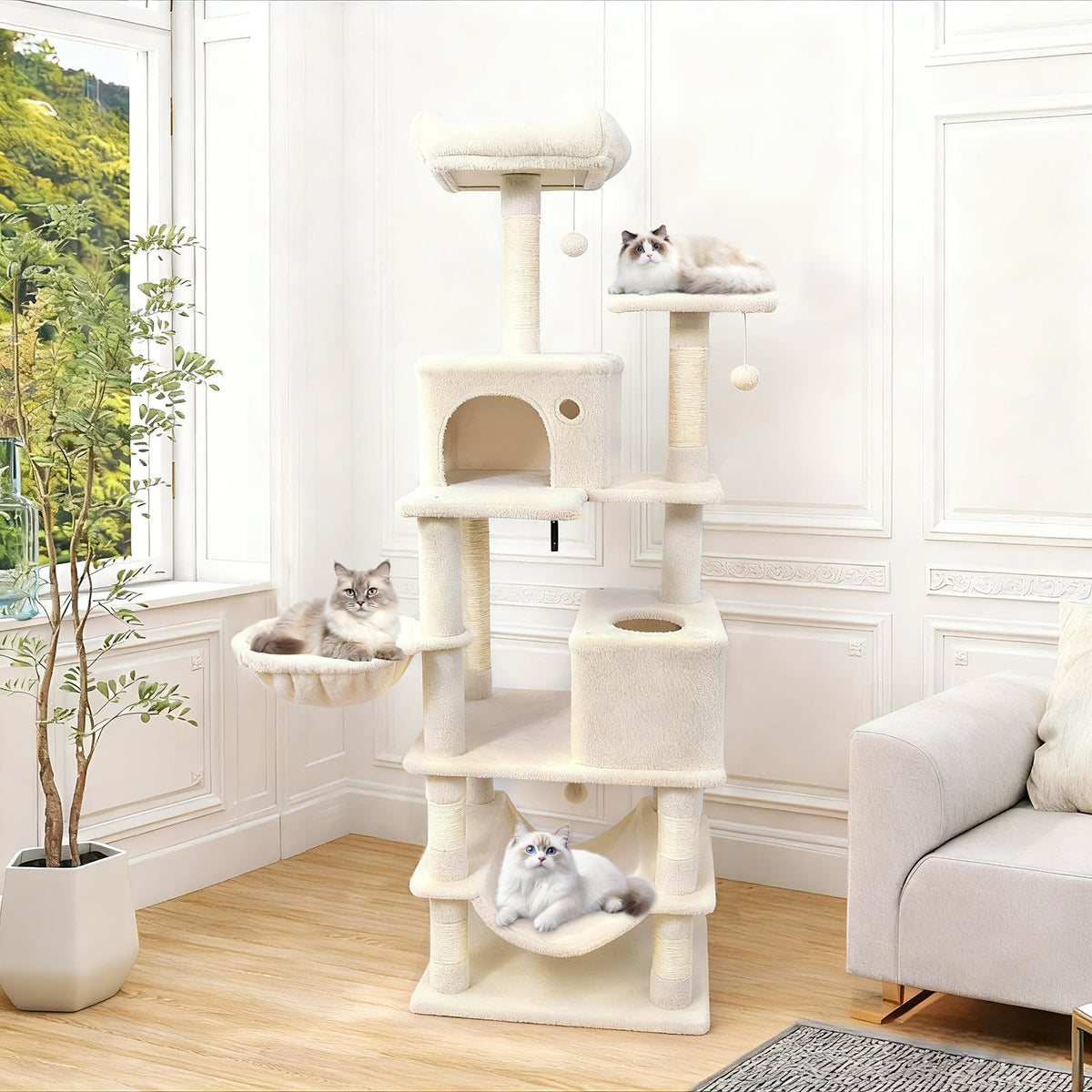 66 Inch Tall Cat Tree Multi-Level Cat Tower with 2 Condos Sisal Scratching Posts-Beige-Cat Trees & Scratchers-DECOROLALA