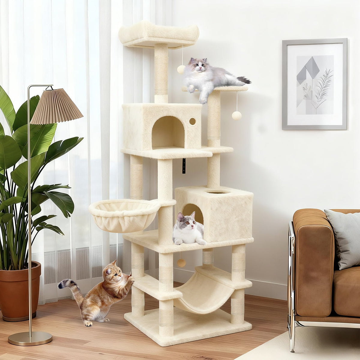 66 Inch Tall Cat Tree Multi-Level Cat Tower with 2 Condos Sisal Scratching Posts-Beige-Cat Trees & Scratchers-DECOROLALA