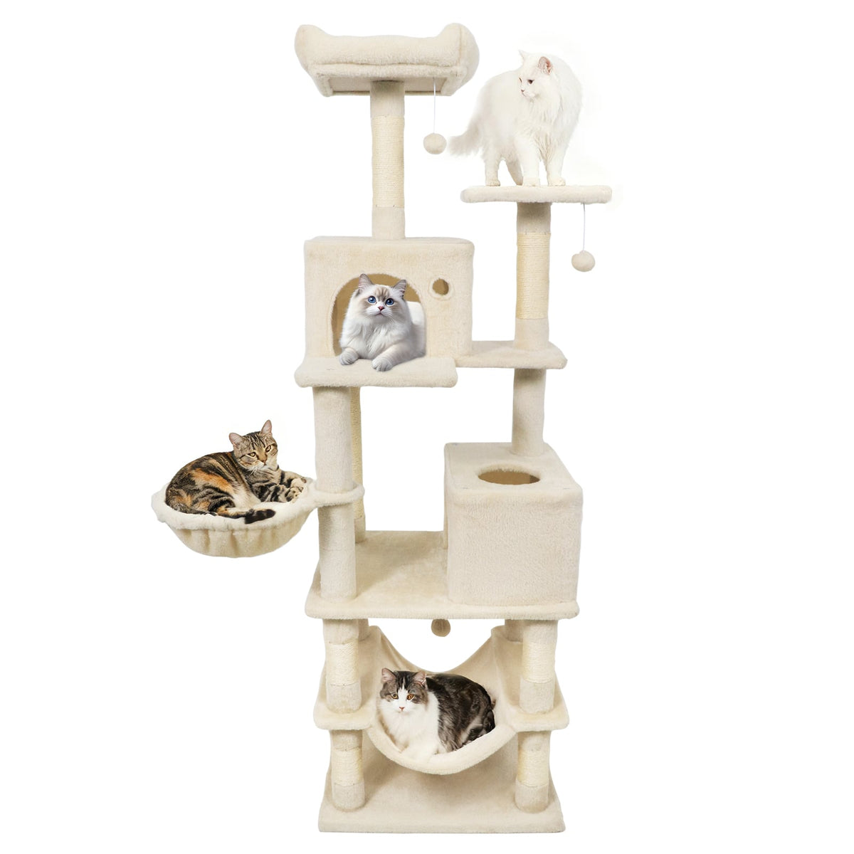 66 Inch Tall Cat Tree Multi-Level Cat Tower with 2 Condos Sisal Scratching Posts-Beige-Cat Trees & Scratchers-DECOROLALA