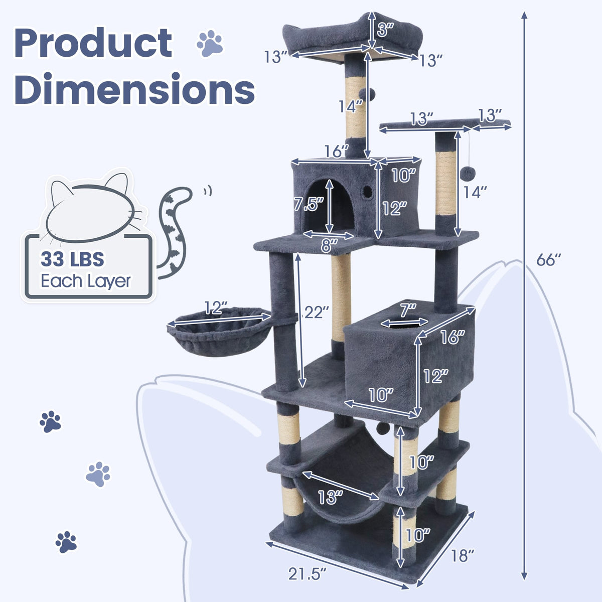 66 Inch Tall Cat Tree Multi-Level Cat Tower with 2 Condos Sisal Scratching Posts-Dark Gray-Cat Trees & Scratchers-DECOROLALA