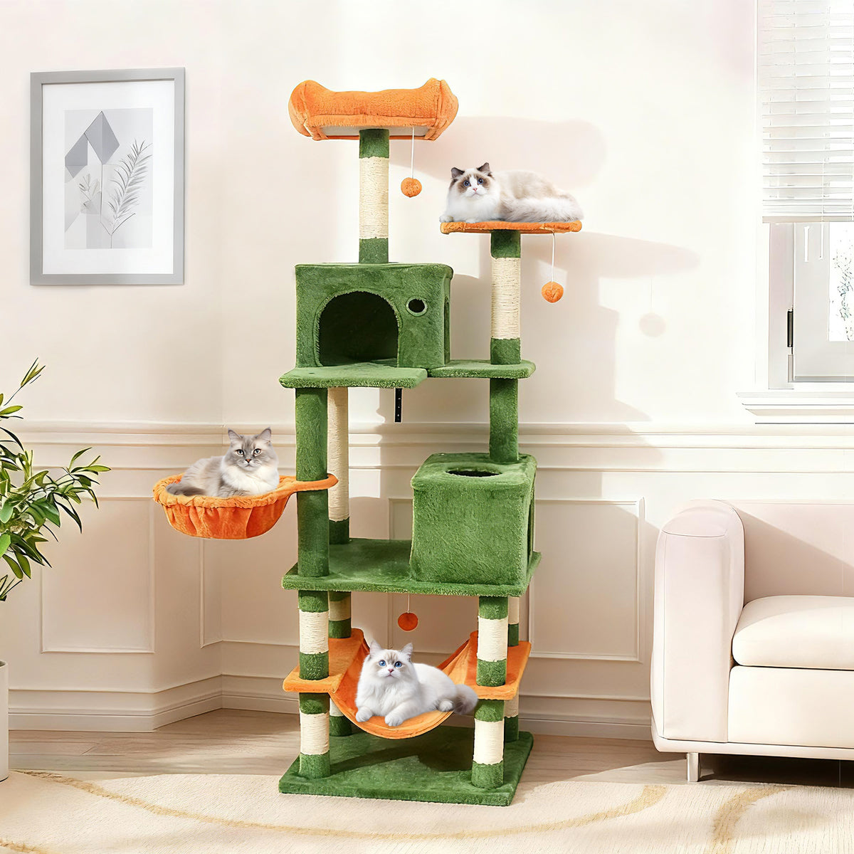 66 Inch Tall Cat Tree Multi-Level Cat Tower with 2 Condos Sisal Scratching Posts-Green-Cat Trees & Scratchers-DECOROLALA