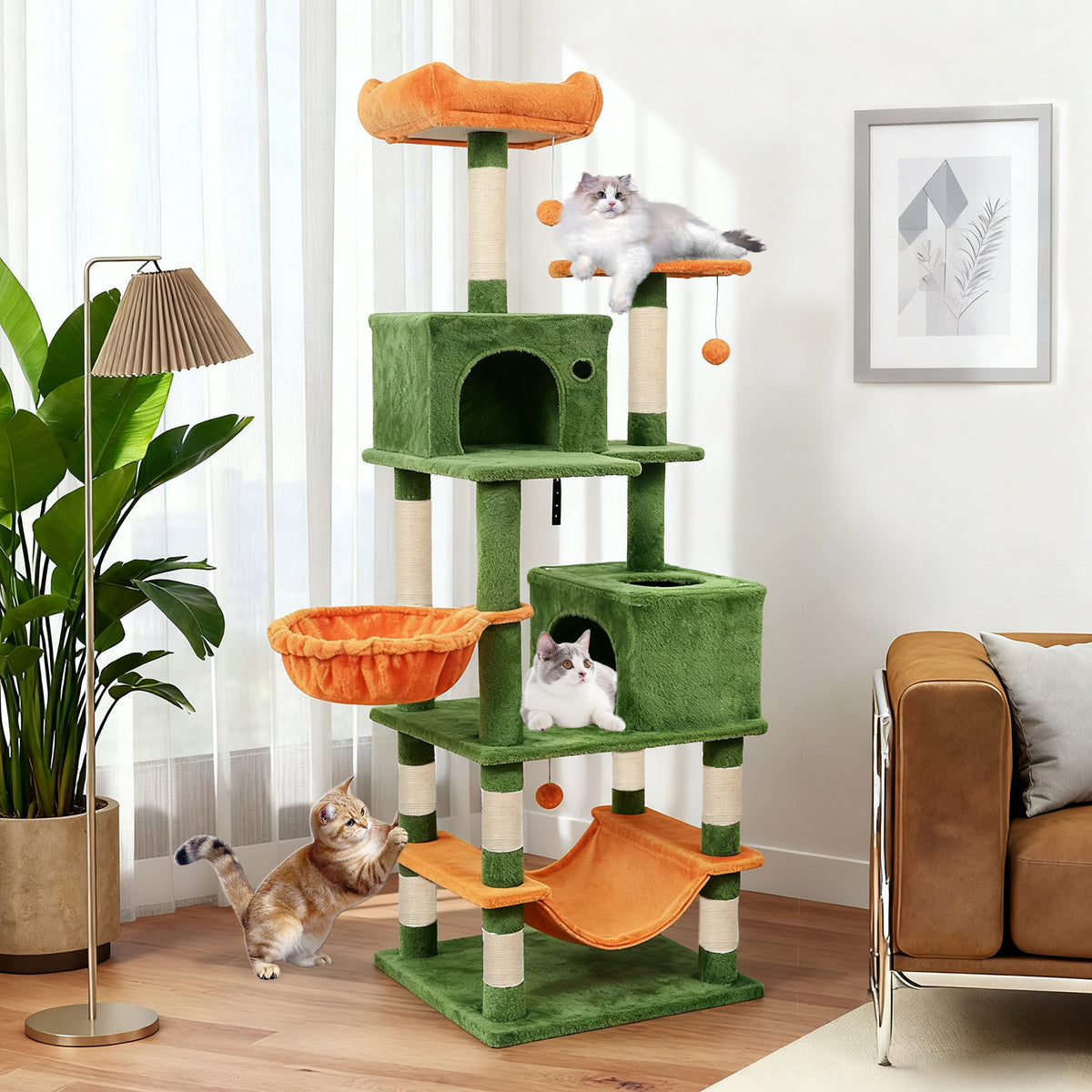 66 Inch Tall Cat Tree Multi-Level Cat Tower with 2 Condos Sisal Scratching Posts-Green-Cat Trees & Scratchers-DECOROLALA