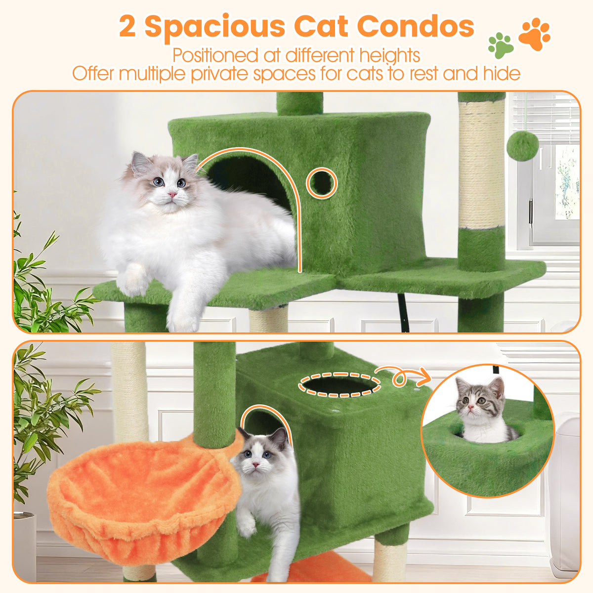 66 Inch Tall Cat Tree Multi-Level Cat Tower with 2 Condos Sisal Scratching Posts-Green-Cat Trees & Scratchers-DECOROLALA