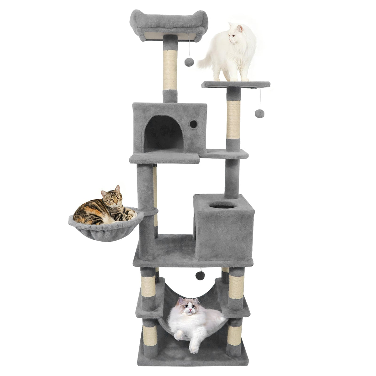 66 Inch Tall Cat Tree Multi-Level Cat Tower with 2 Condos Sisal Scratching Posts-Light Gray-Cat Trees & Scratchers-DECOROLALA