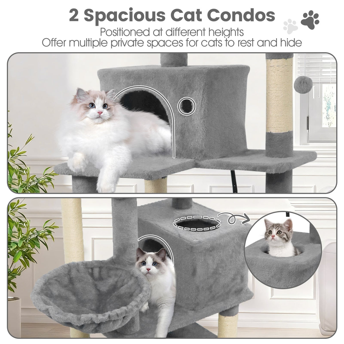 66 Inch Tall Cat Tree Multi-Level Cat Tower with 2 Condos Sisal Scratching Posts-Light Gray-Cat Trees & Scratchers-DECOROLALA