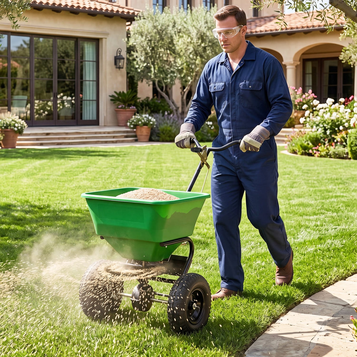 66 LBS Walk-Behind Broadcast Spreader with 13 Inch All-Terrain Tires-Green-Lawn Care Tools-DECOROLALA