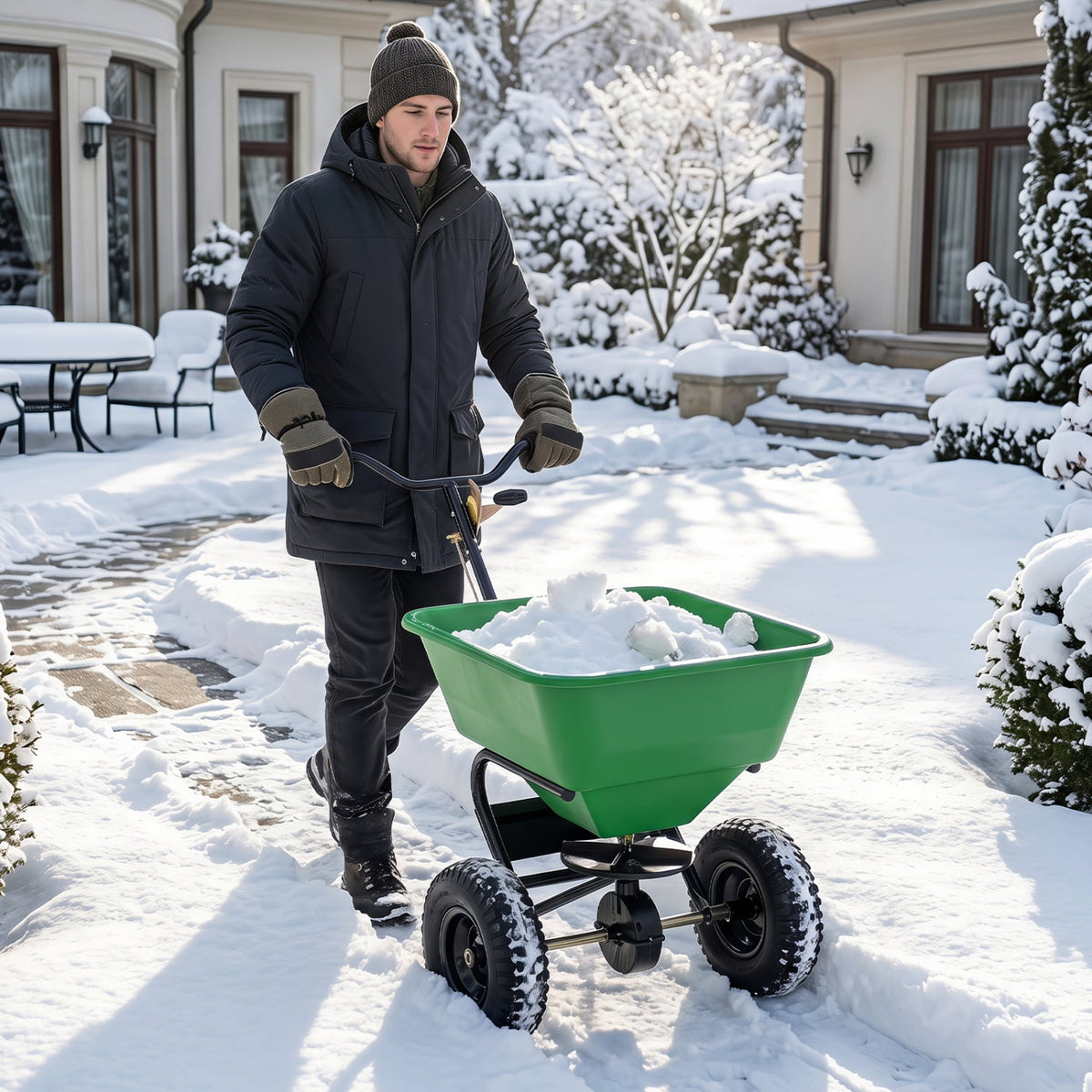 66 LBS Walk-Behind Broadcast Spreader with 13 Inch All-Terrain Tires-Green-Lawn Care Tools-DECOROLALA