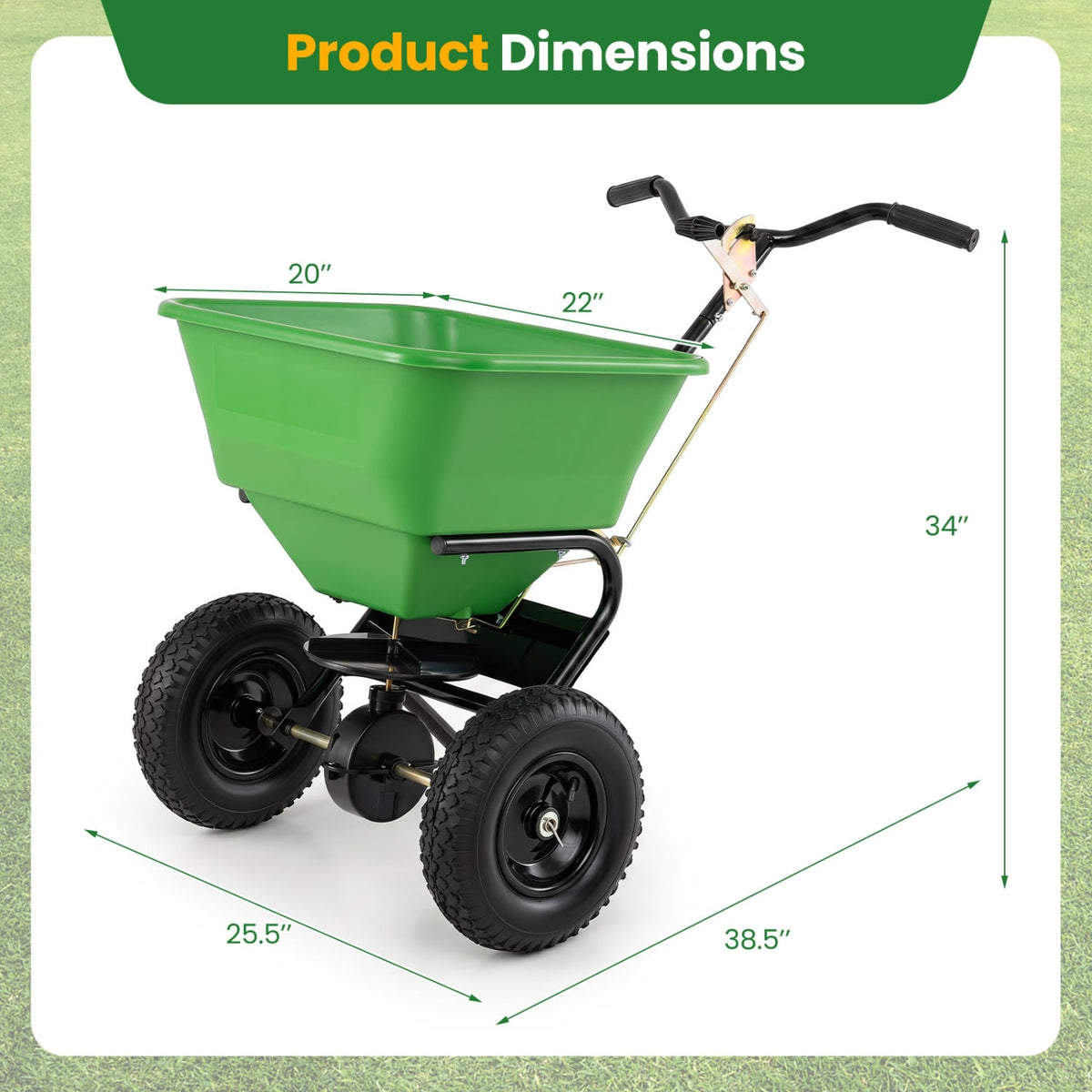 66 LBS Walk-Behind Broadcast Spreader with 13 Inch All-Terrain Tires-Green-Lawn Care Tools-DECOROLALA