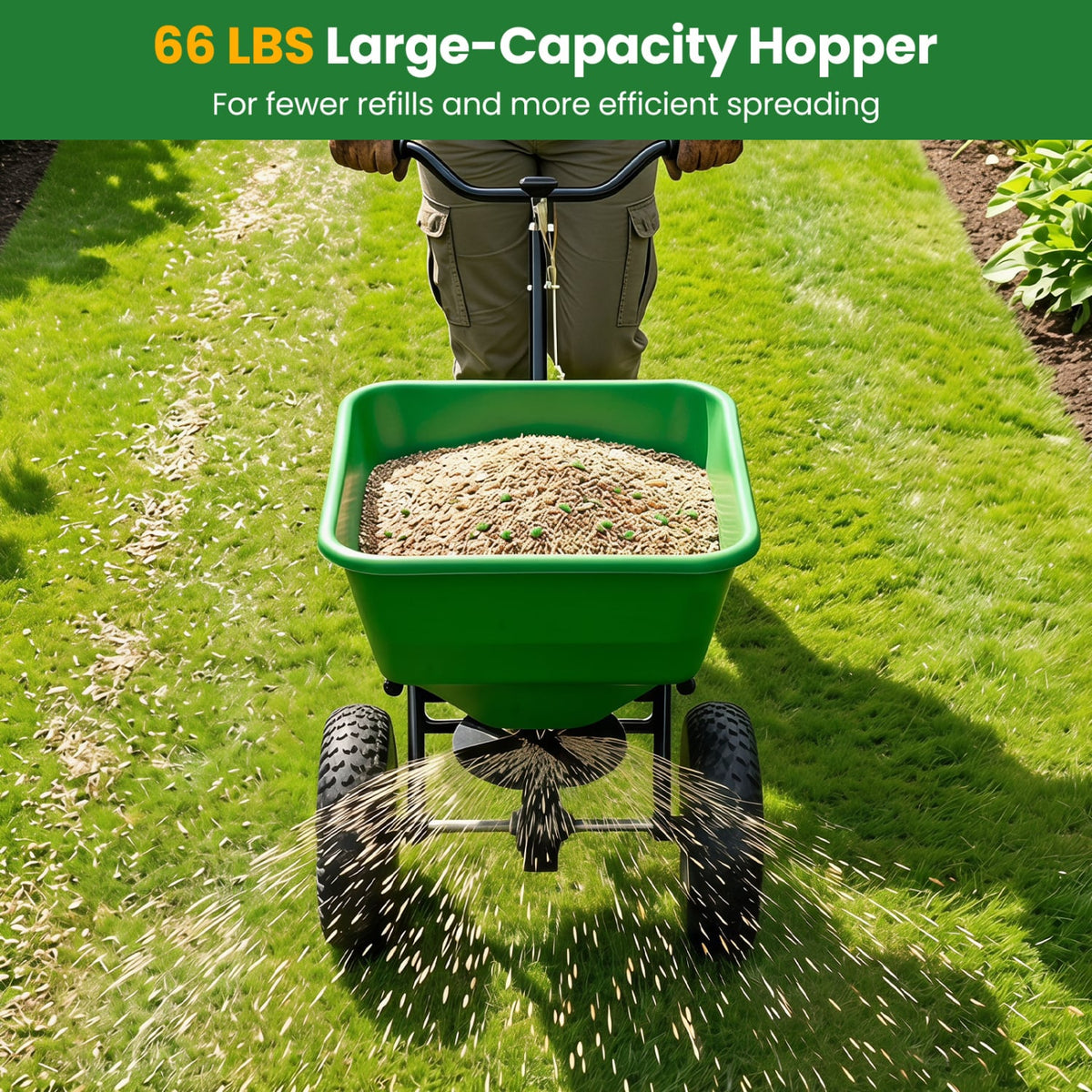 66 LBS Walk-Behind Broadcast Spreader with 13 Inch All-Terrain Tires-Green-Lawn Care Tools-DECOROLALA