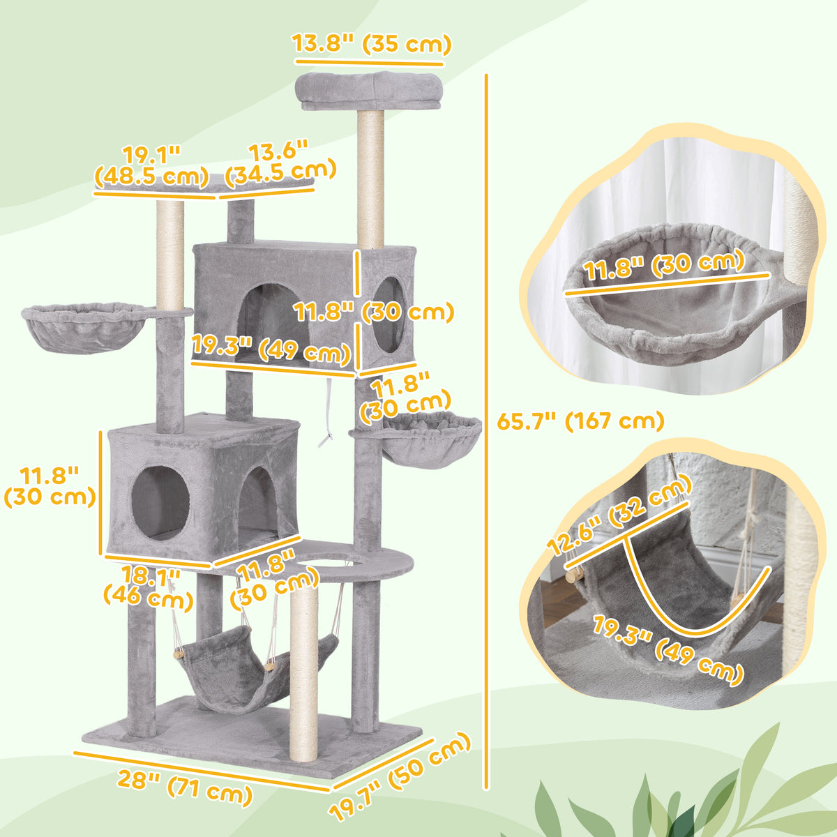 66" Large Cat Tree with 2 Condos and 3 Hammocks - Light Grey-Cats-DECOROLALA
