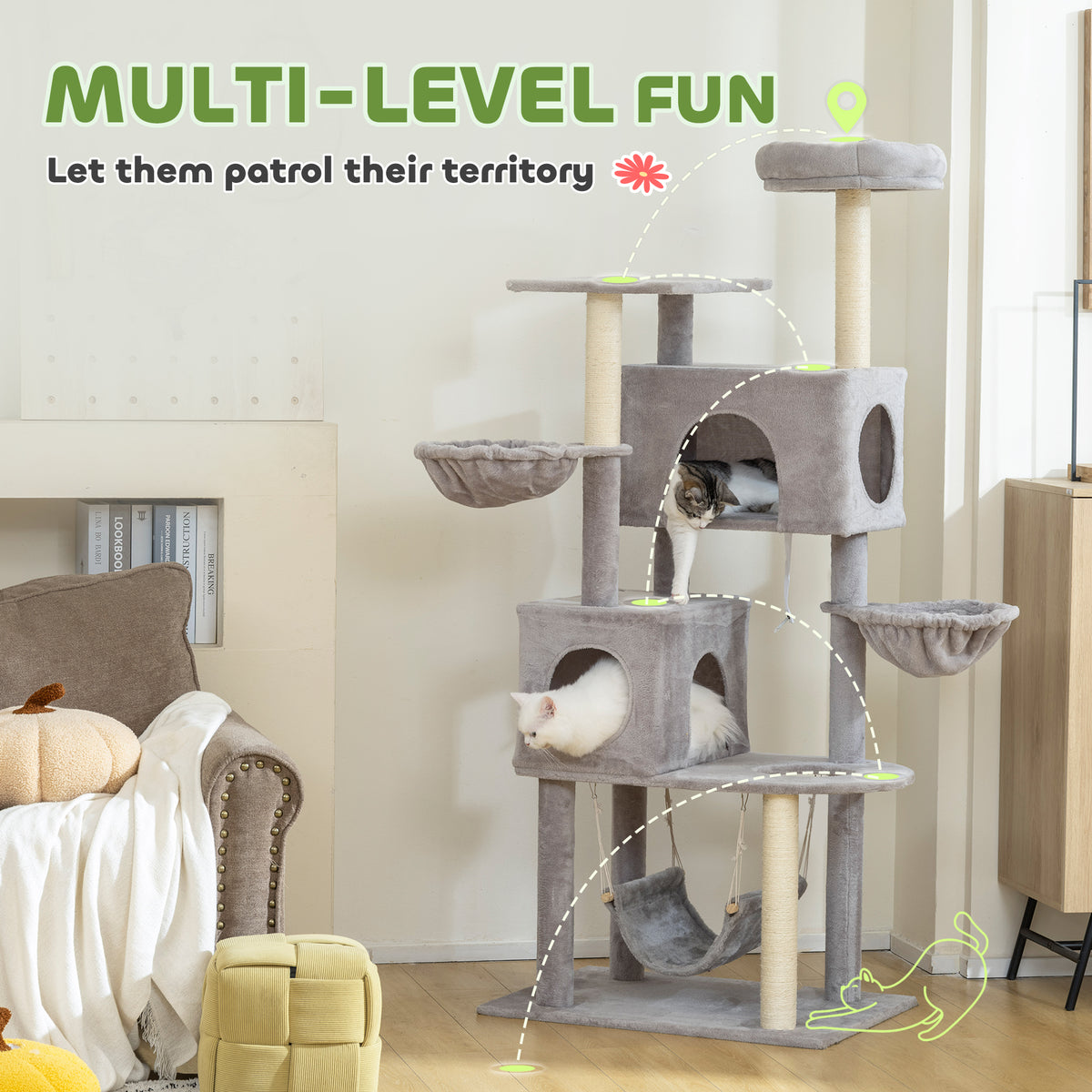 66" Large Cat Tree with 2 Condos and 3 Hammocks - Light Grey-Cats-DECOROLALA