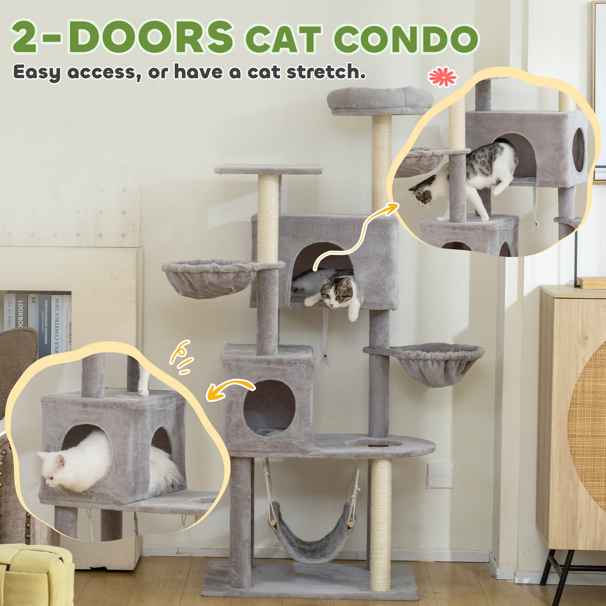 66" Large Cat Tree with 2 Condos and 3 Hammocks - Light Grey-Cats-DECOROLALA