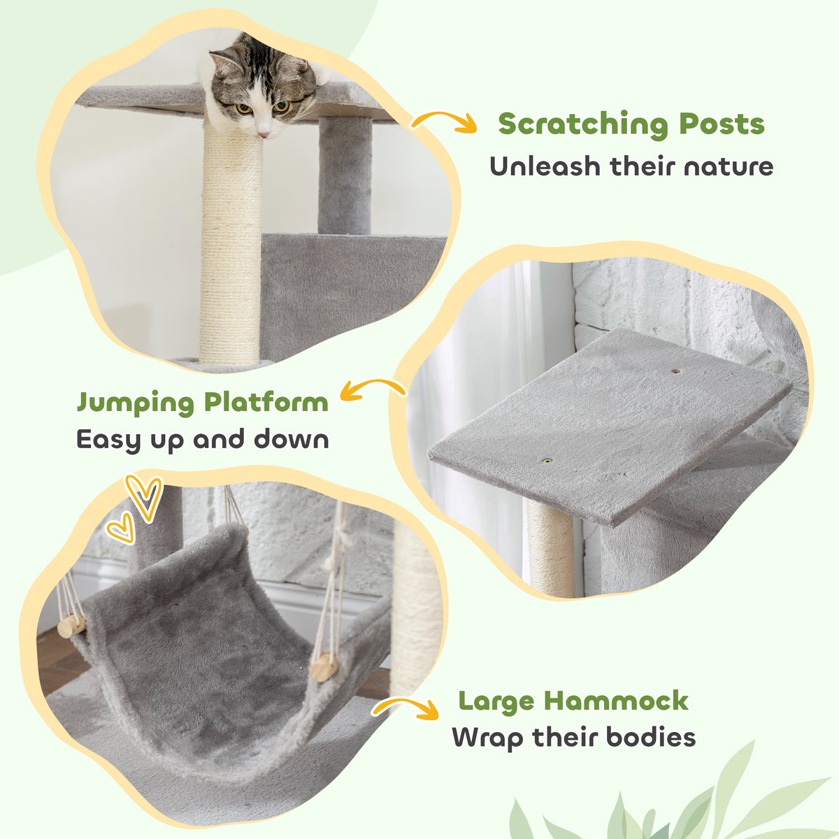 66" Large Cat Tree with 2 Condos and 3 Hammocks - Light Grey-Cats-DECOROLALA