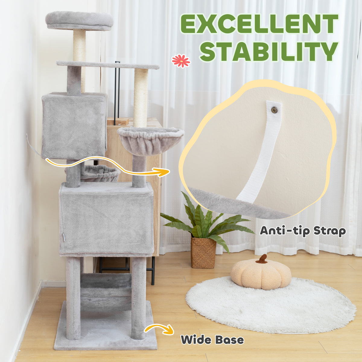 66" Large Cat Tree with 2 Condos and 3 Hammocks - Light Grey-Cats-DECOROLALA