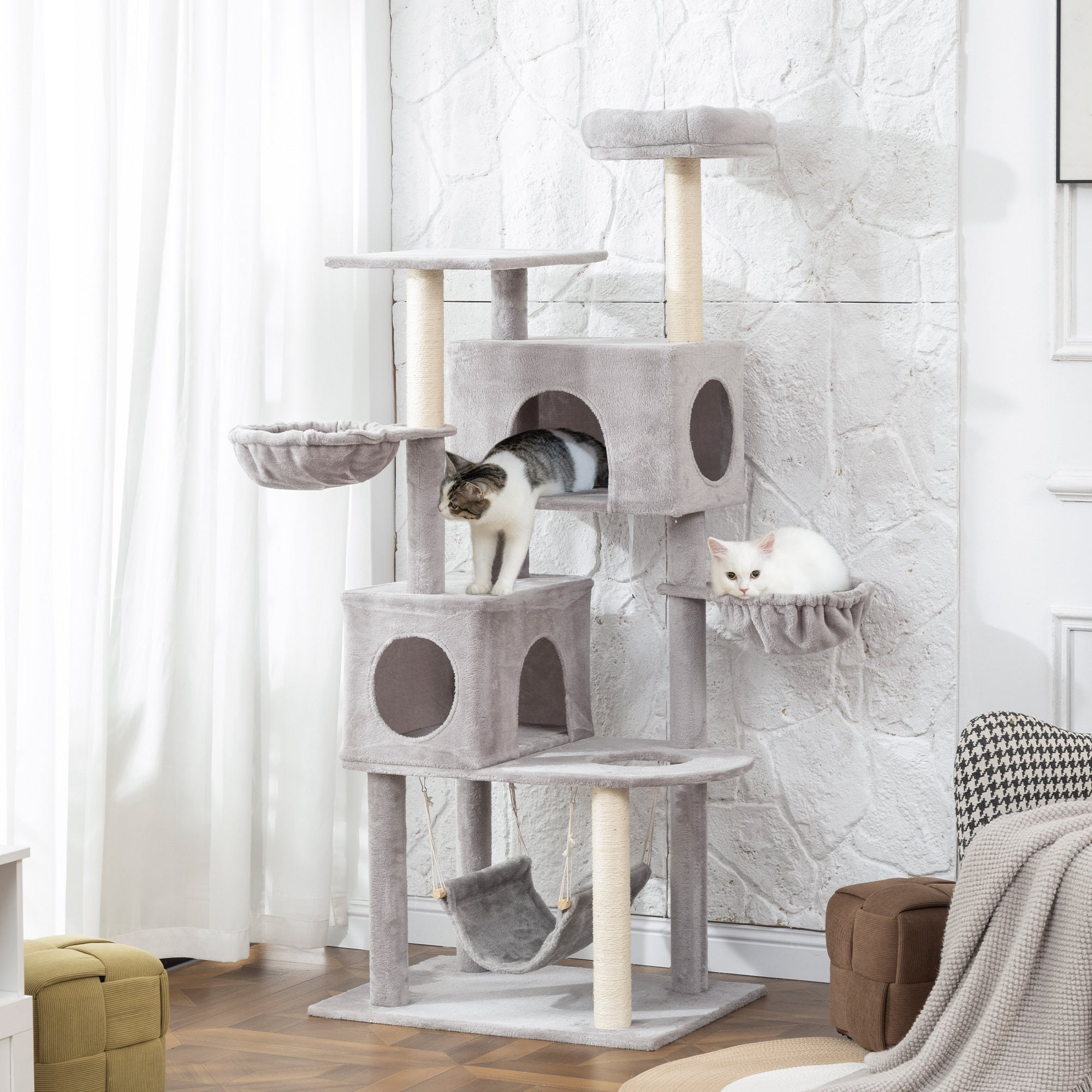 66" Large Cat Tree with 2 Condos and 3 Hammocks - Light Grey-Cats-DECOROLALA