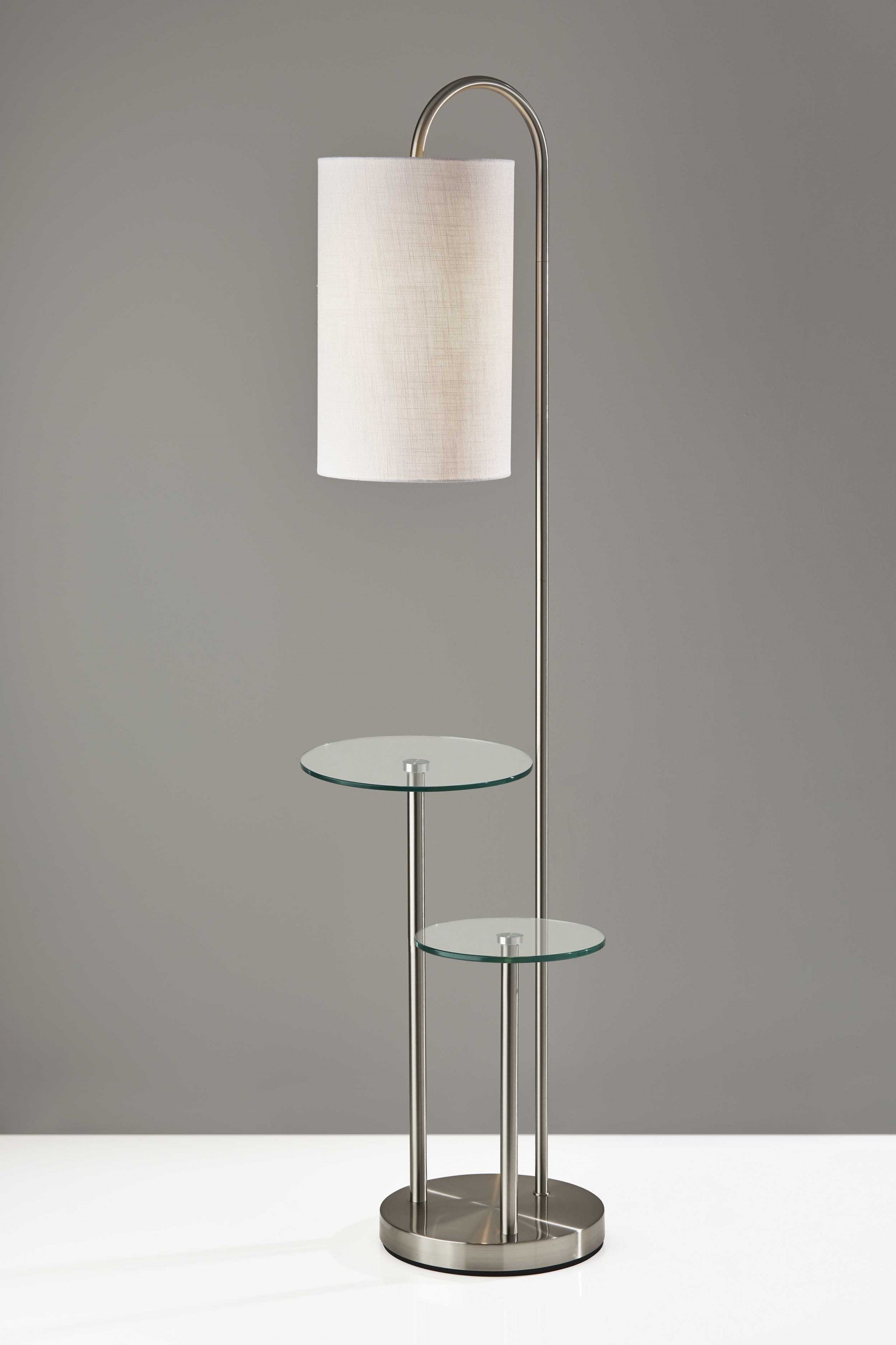 66" Silver Tray Table Floor Lamp With White Fabric Drum Shade-Floor Lamps-DECOROLALA
