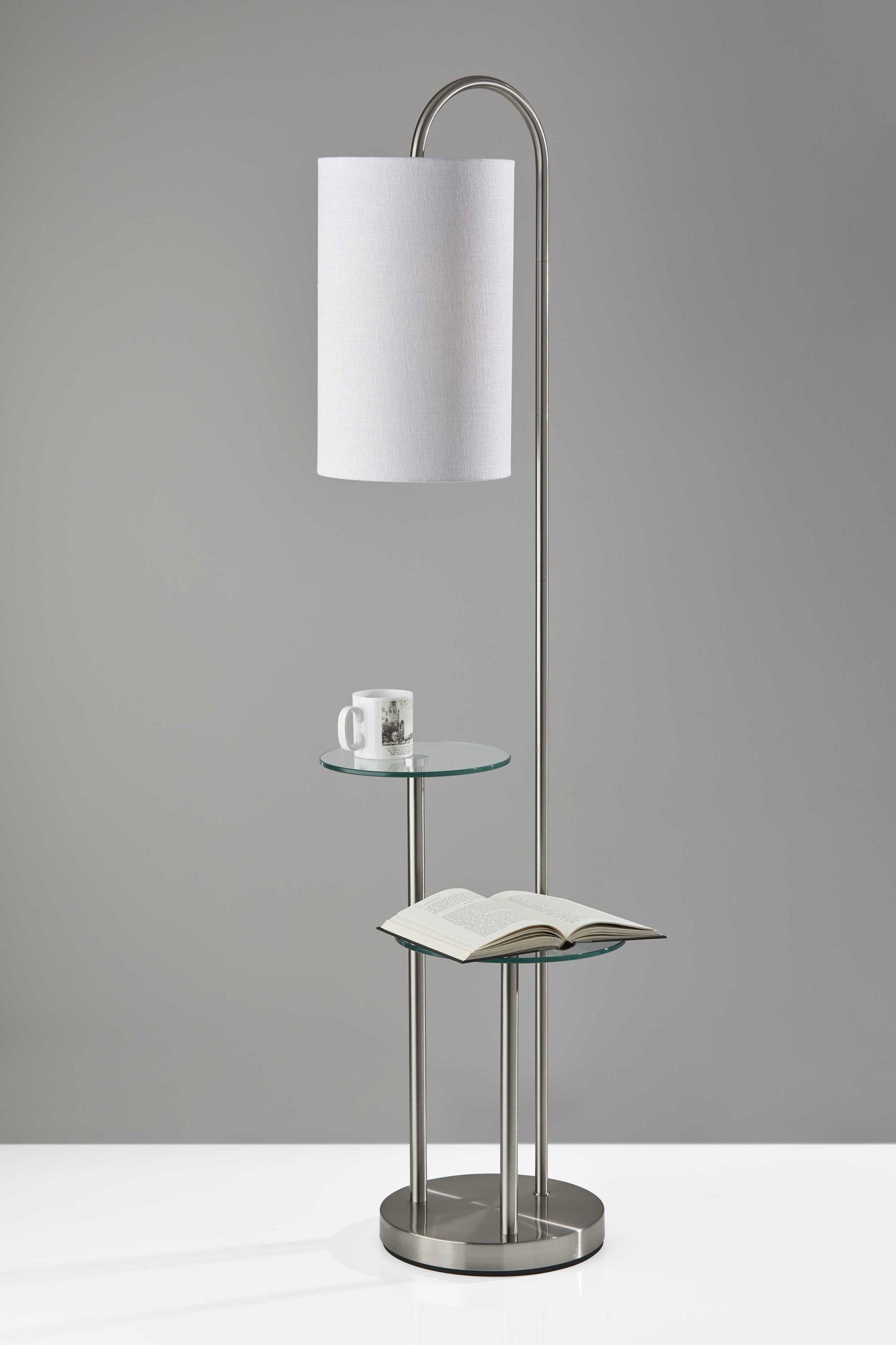66" Silver Tray Table Floor Lamp With White Fabric Drum Shade-Floor Lamps-DECOROLALA