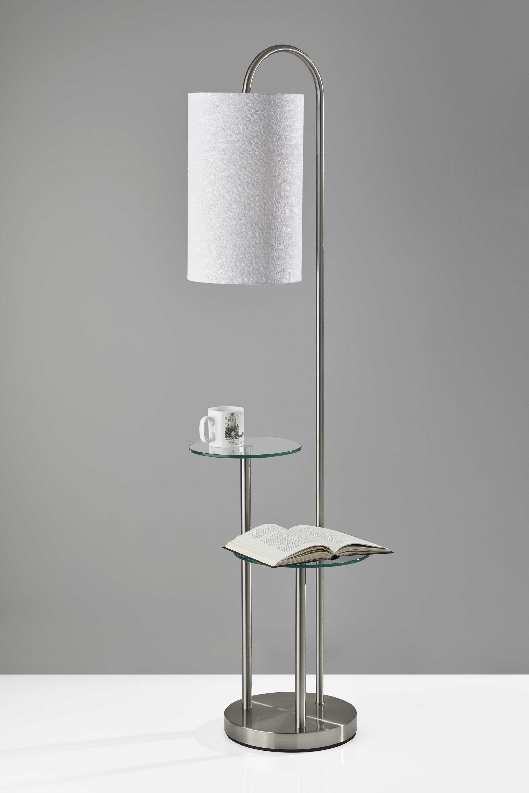 66" Silver Tray Table Floor Lamp With White Fabric Drum Shade-Floor Lamps-DECOROLALA