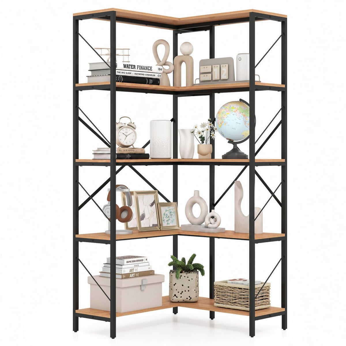 66" Tall 5-Tier L-Shaped Bookcase with Metal Frame for Living Room-Rustic Brown-Bookcases-DECOROLALA