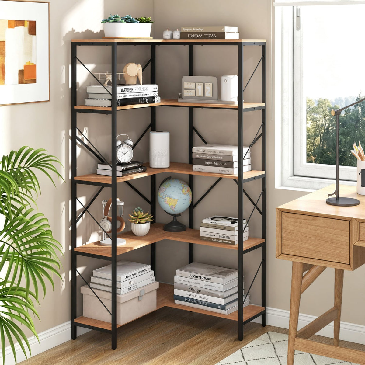 66" Tall 5-Tier L-Shaped Bookcase with Metal Frame for Living Room-Rustic Brown-Bookcases-DECOROLALA