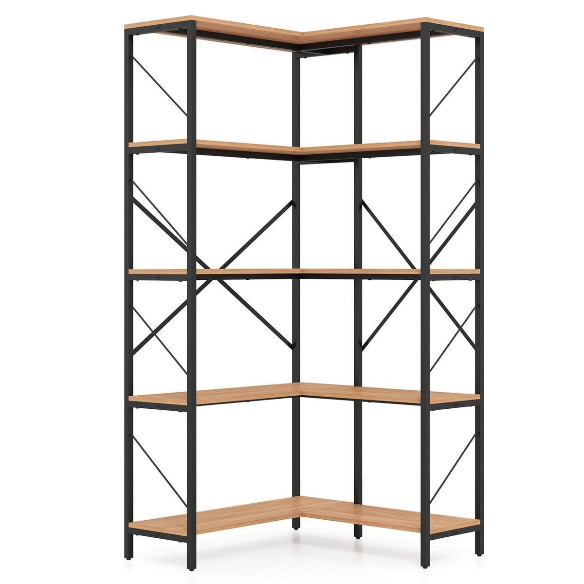 66" Tall 5-Tier L-Shaped Bookcase with Metal Frame for Living Room-Rustic Brown-Bookcases-DECOROLALA