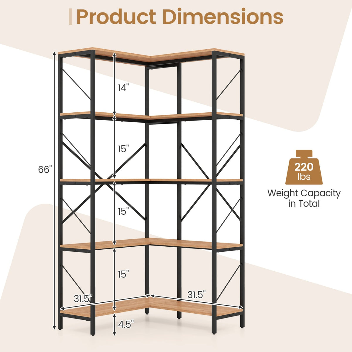 66" Tall 5-Tier L-Shaped Bookcase with Metal Frame for Living Room-Rustic Brown-Bookcases-DECOROLALA
