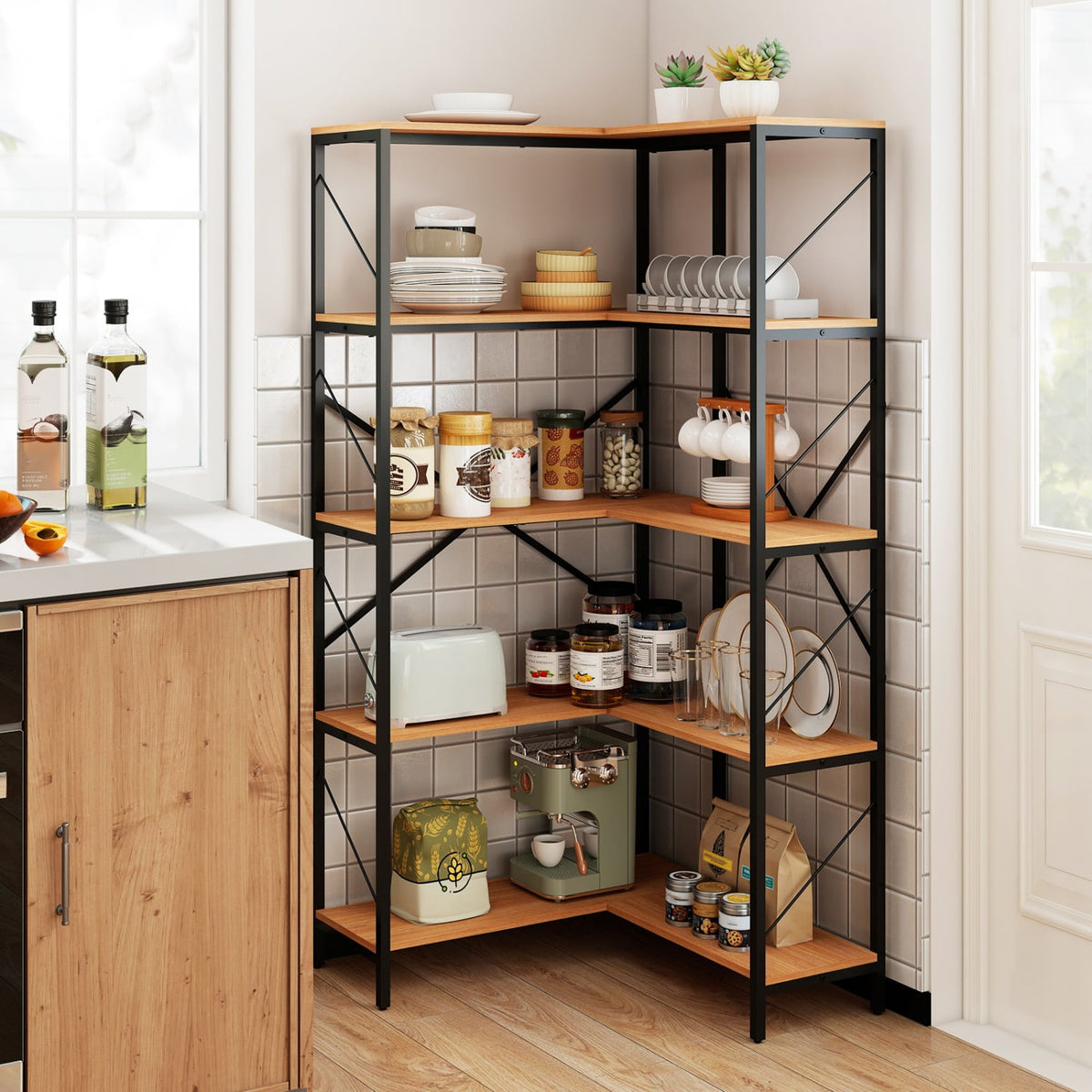 66" Tall 5-Tier L-Shaped Bookcase with Metal Frame for Living Room-Rustic Brown-Bookcases-DECOROLALA