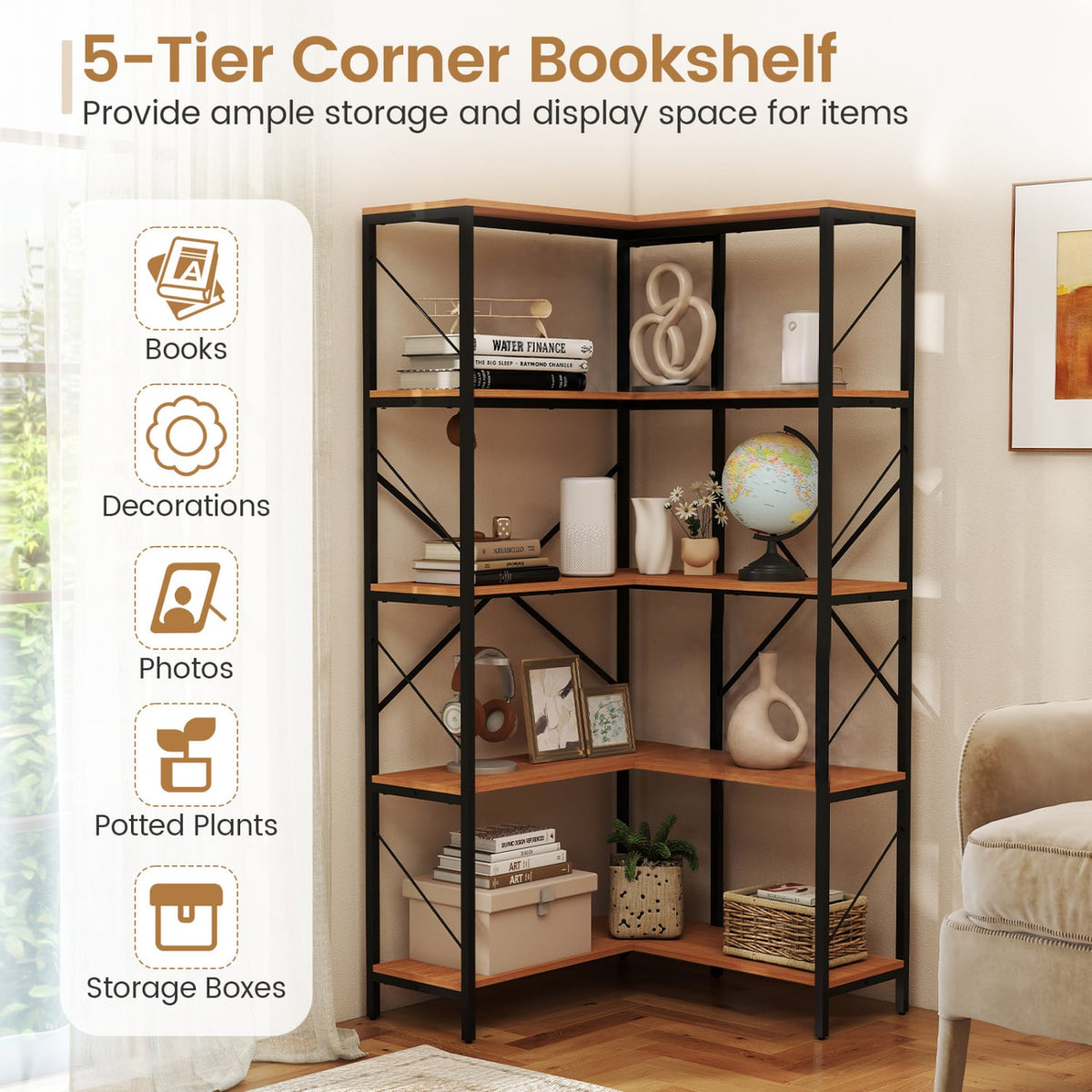 66" Tall 5-Tier L-Shaped Bookcase with Metal Frame for Living Room-Rustic Brown-Bookcases-DECOROLALA