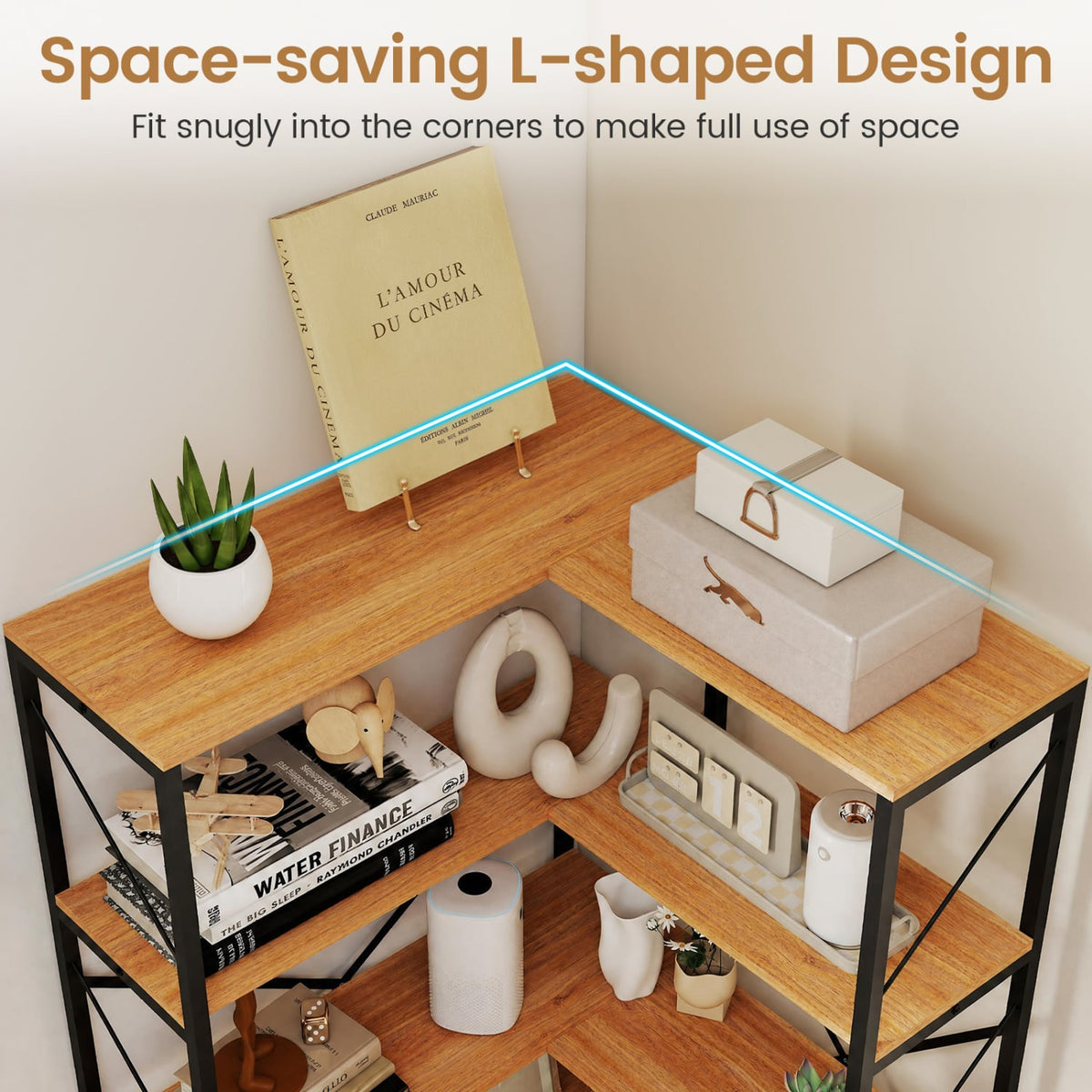 66" Tall 5-Tier L-Shaped Bookcase with Metal Frame for Living Room-Rustic Brown-Bookcases-DECOROLALA