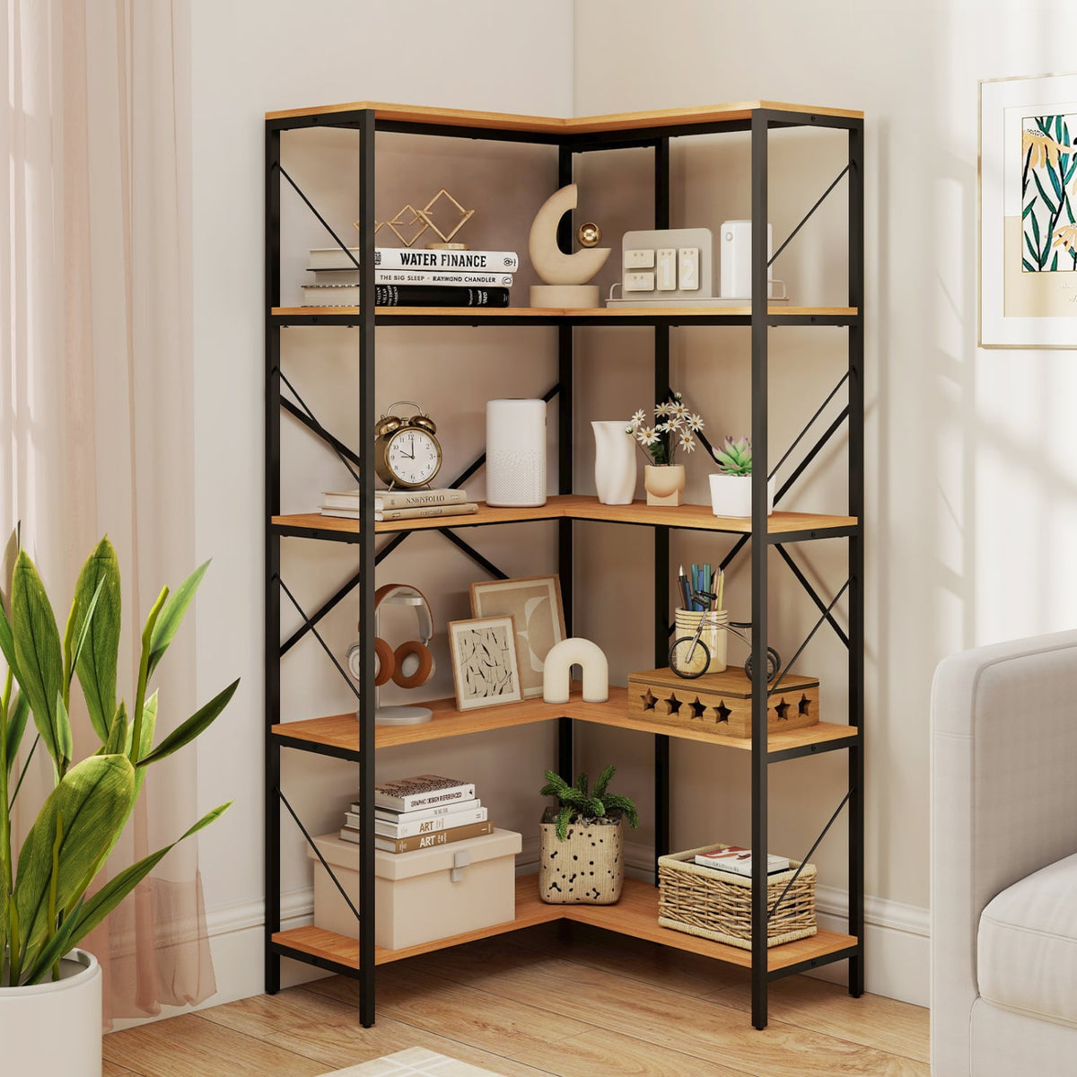 66" Tall 5-Tier L-Shaped Bookcase with Metal Frame for Living Room-Rustic Brown-Bookcases-DECOROLALA