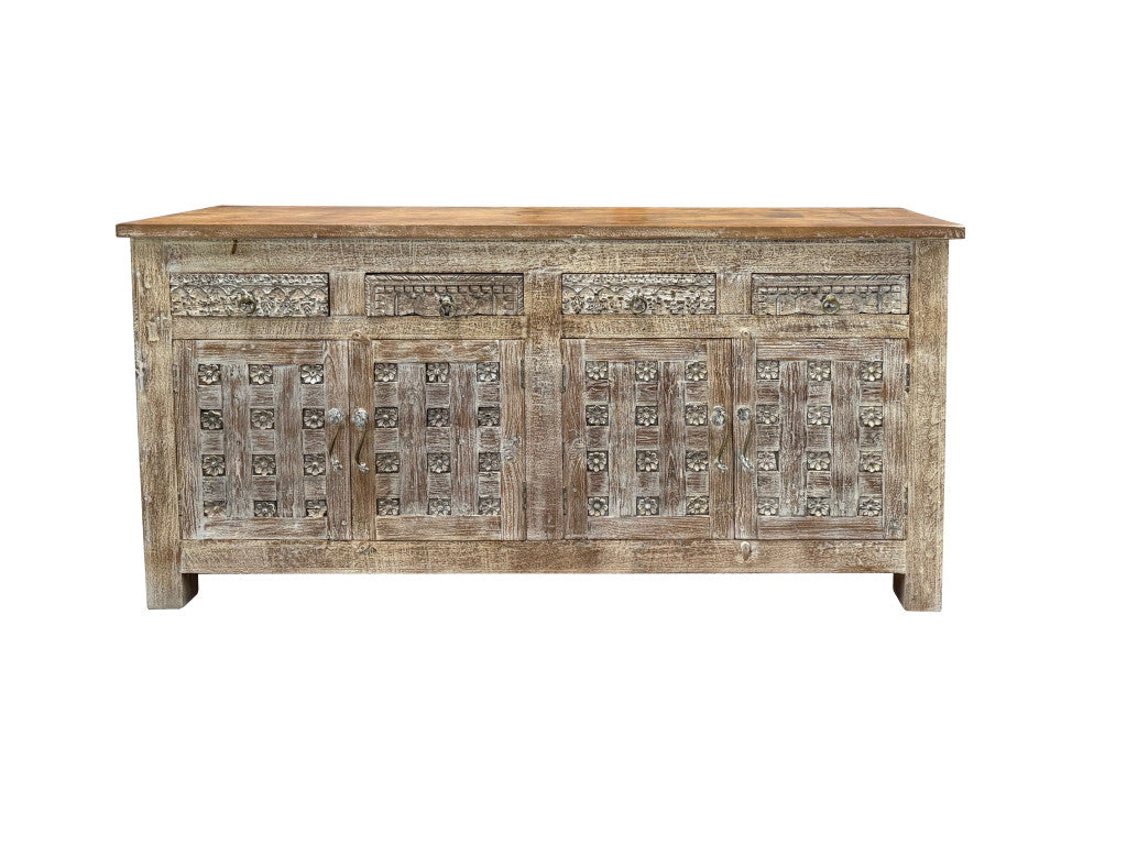 74" Brown Distressed Solid Wood Carved Floral Four Drawer Sideboard with Four Doors-0