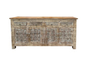 74" Brown Distressed Solid Wood Carved Floral Four Drawer Sideboard with Four Doors-0