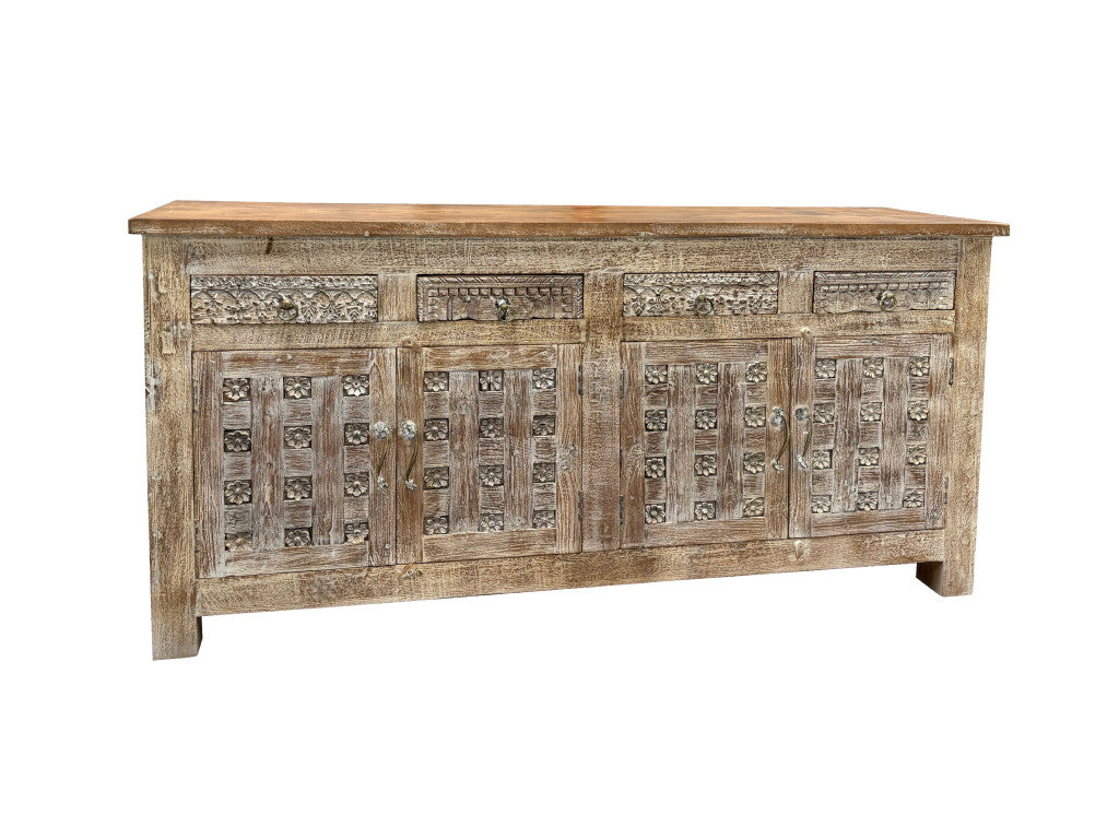 74" Brown Distressed Solid Wood Carved Floral Four Drawer Sideboard with Four Doors-1