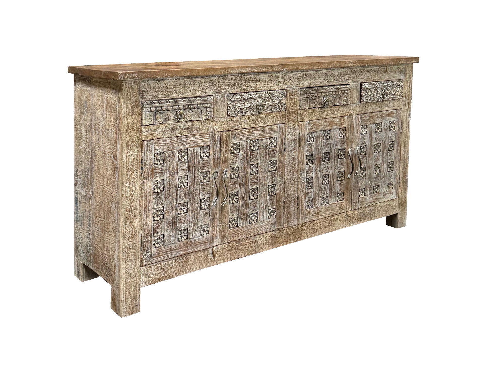 74" Brown Distressed Solid Wood Carved Floral Four Drawer Sideboard with Four Doors-2