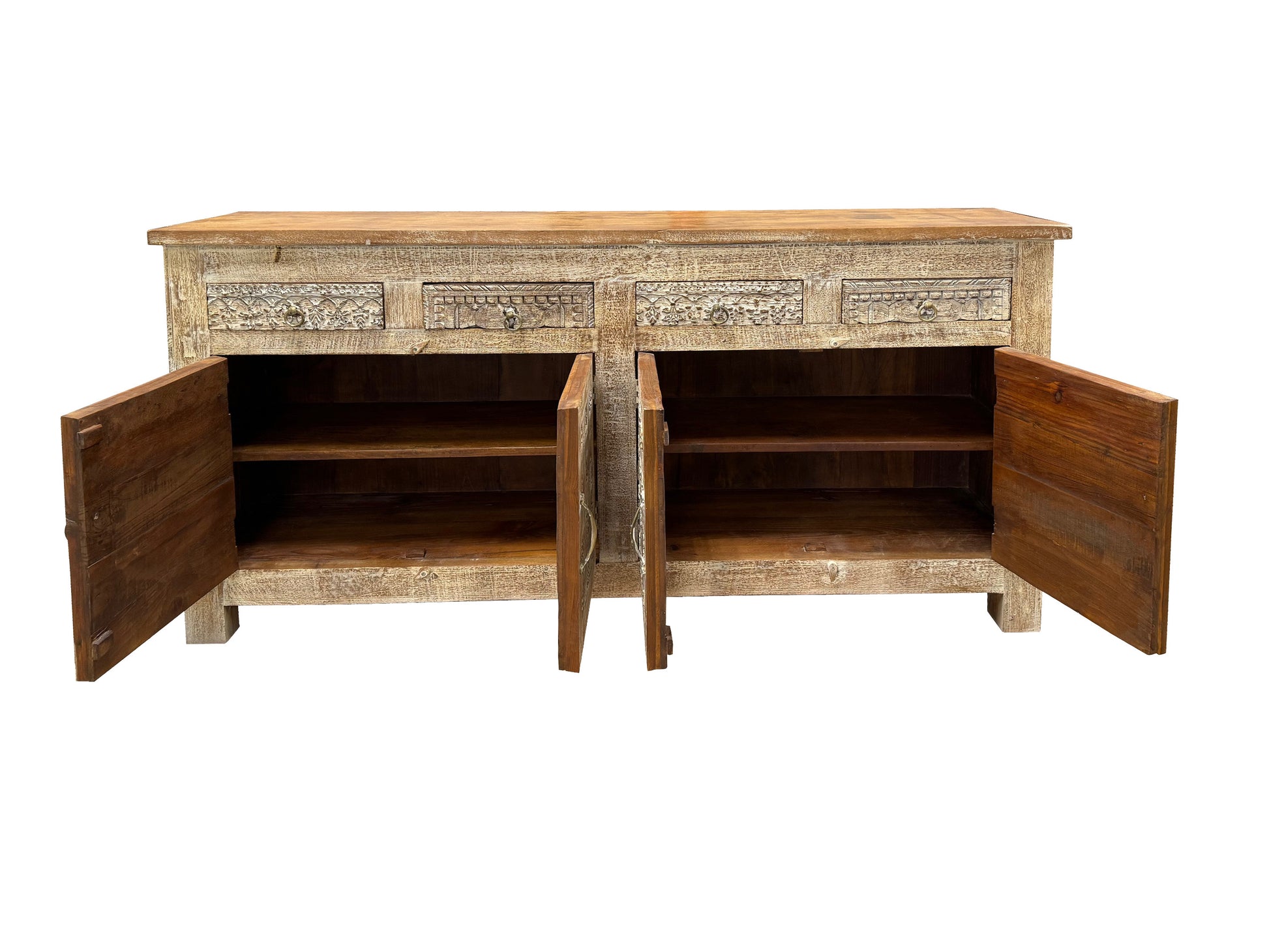 74" Brown Distressed Solid Wood Carved Floral Four Drawer Sideboard with Four Doors-3