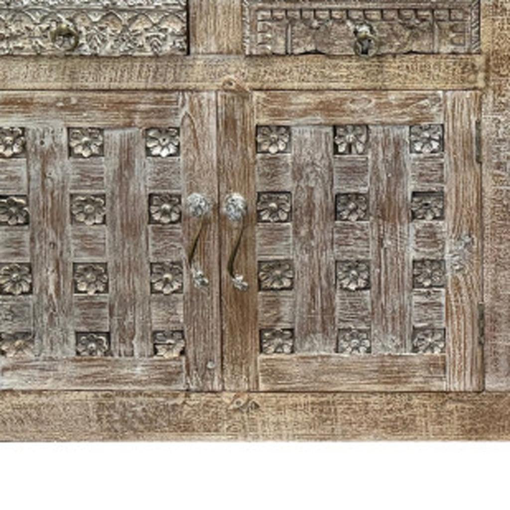 74" Brown Distressed Solid Wood Carved Floral Four Drawer Sideboard with Four Doors-5