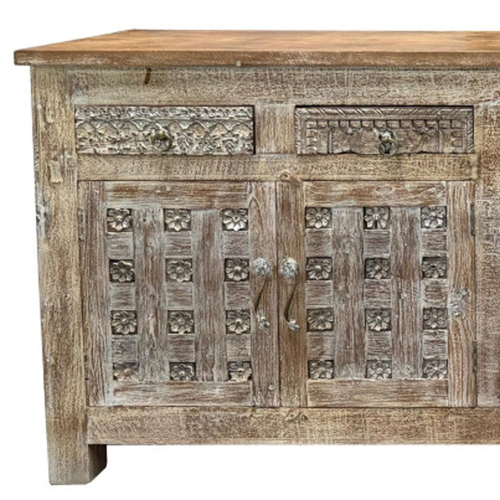74" Brown Distressed Solid Wood Carved Floral Four Drawer Sideboard with Four Doors-4