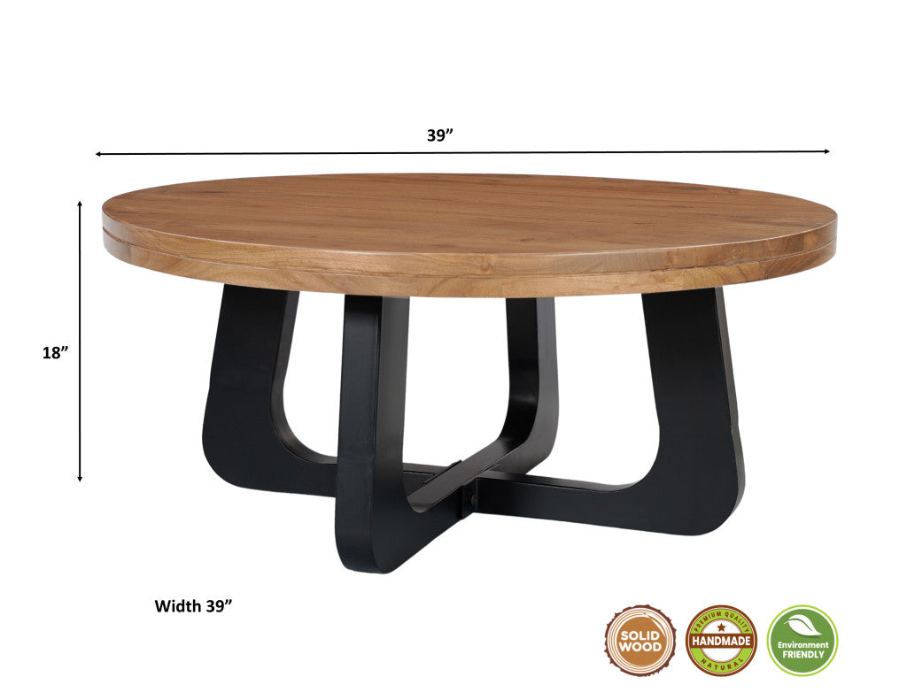 39" Brown and Black Solid Wood and Iron Round Cross Legs Coffee Table-8